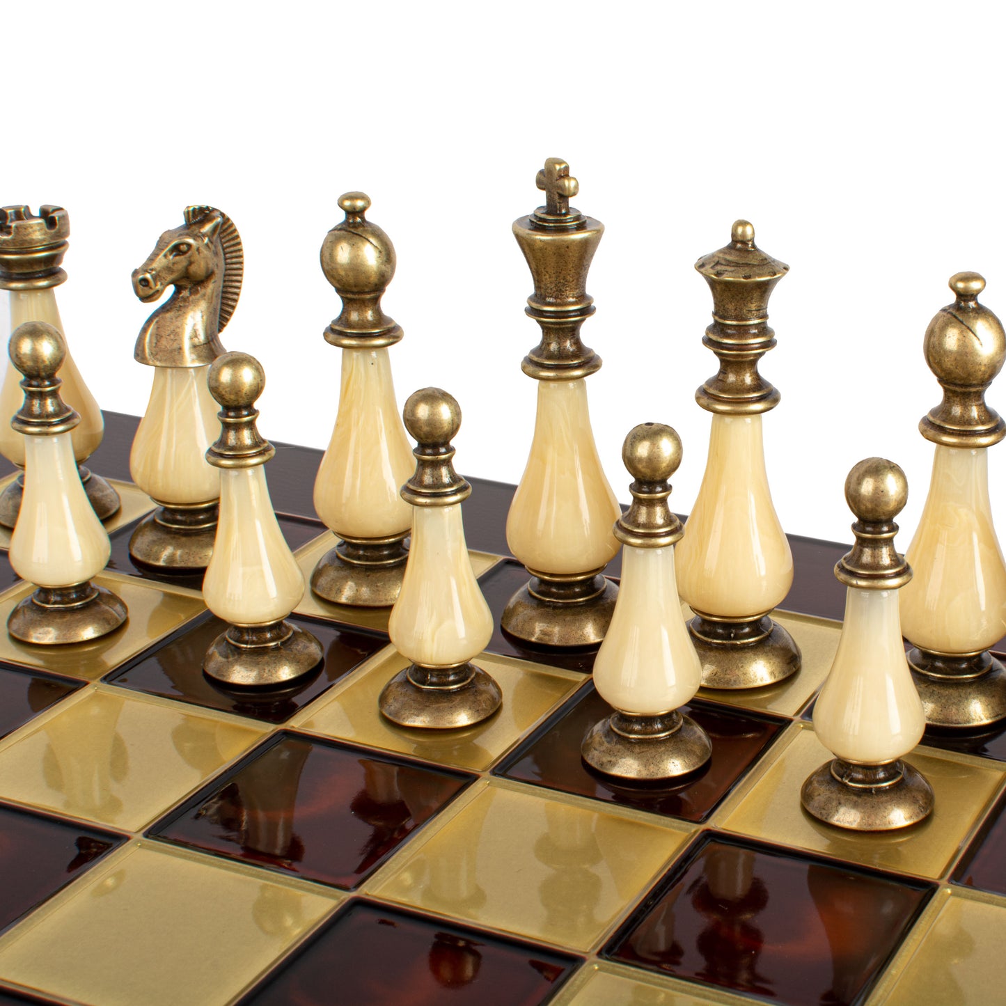 Handcrafted Chess Set, 44x44cm Brass and Pewter finish Chessmen with Red & Ivory Prearl Elements (Medium) (Copy)