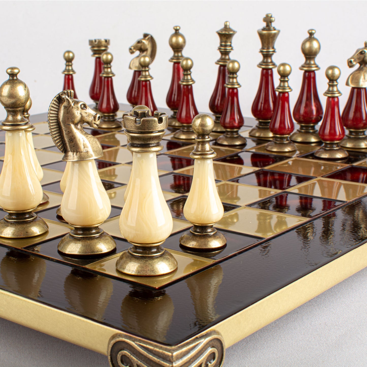 Handcrafted Chess Set, 44x44cm Brass and Pewter finish Chessmen with Red & Ivory Prearl Elements (Medium) (Copy)