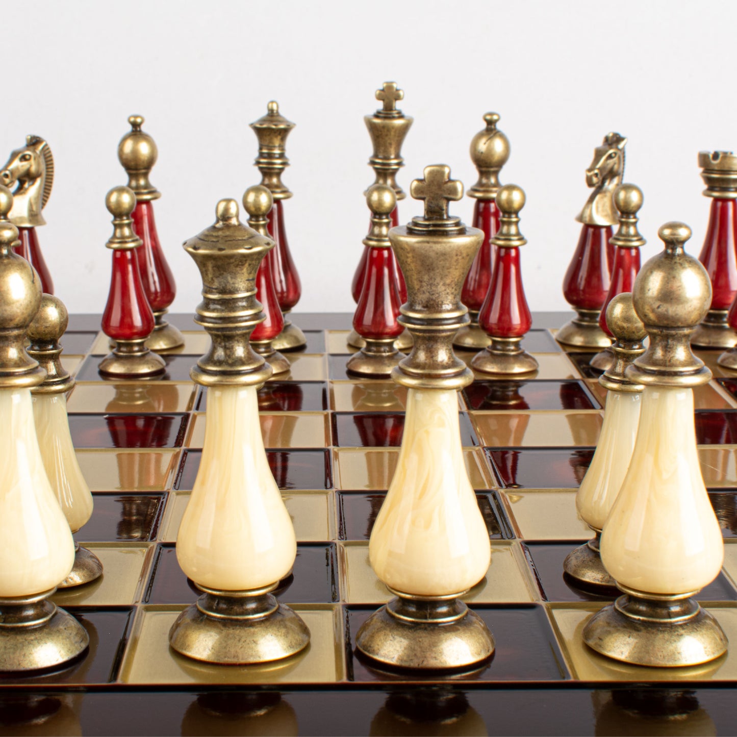 Handcrafted Chess Set, 44x44cm Brass and Pewter finish Chessmen with Red & Ivory Prearl Elements (Medium) (Copy)