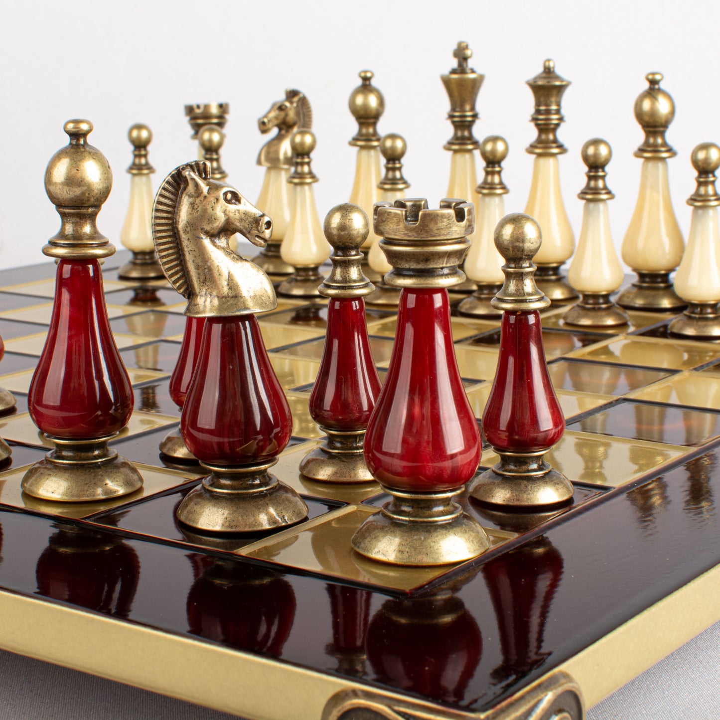 Handcrafted Chess Set, 44x44cm Brass and Pewter finish Chessmen with Red & Ivory Prearl Elements (Medium) (Copy)