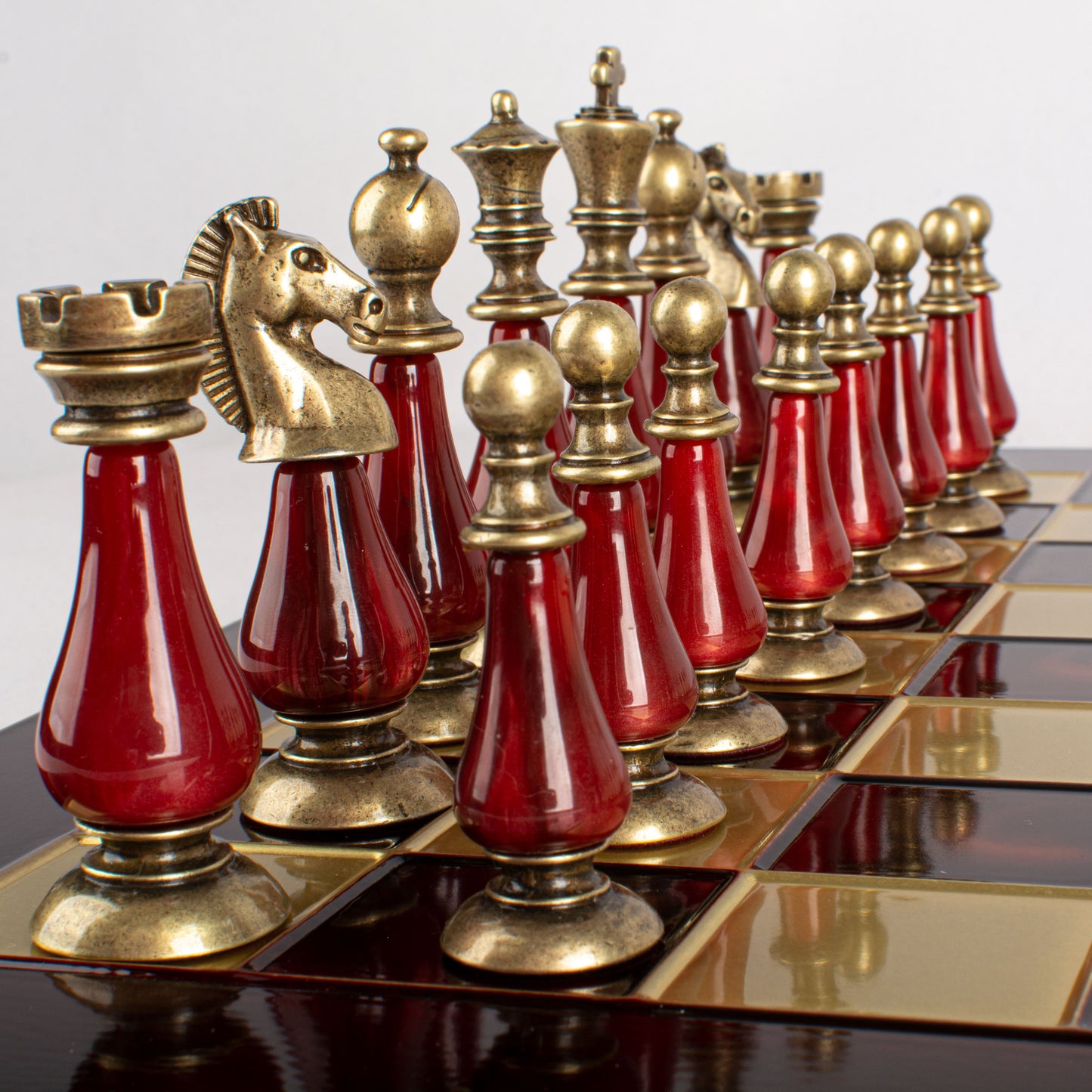 Handcrafted Chess Set, 44x44cm Brass and Pewter finish Chessmen with Red & Ivory Prearl Elements (Medium) (Copy)