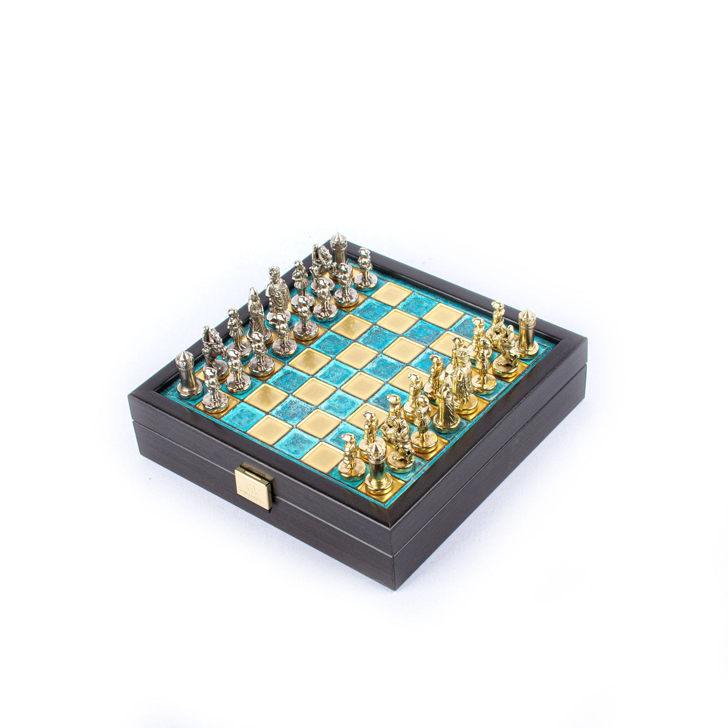 BYZANTINE EMPIRE CHESS SET In Wooden Box With Storage with gold/silver chessmen and bronze chessboard 20 x 20cm (Extra Small) - Premium Chess from MANOPOULOS Chess & Backgammon - Just €79! Shop now at MANOPOULOS Chess & Backgammon