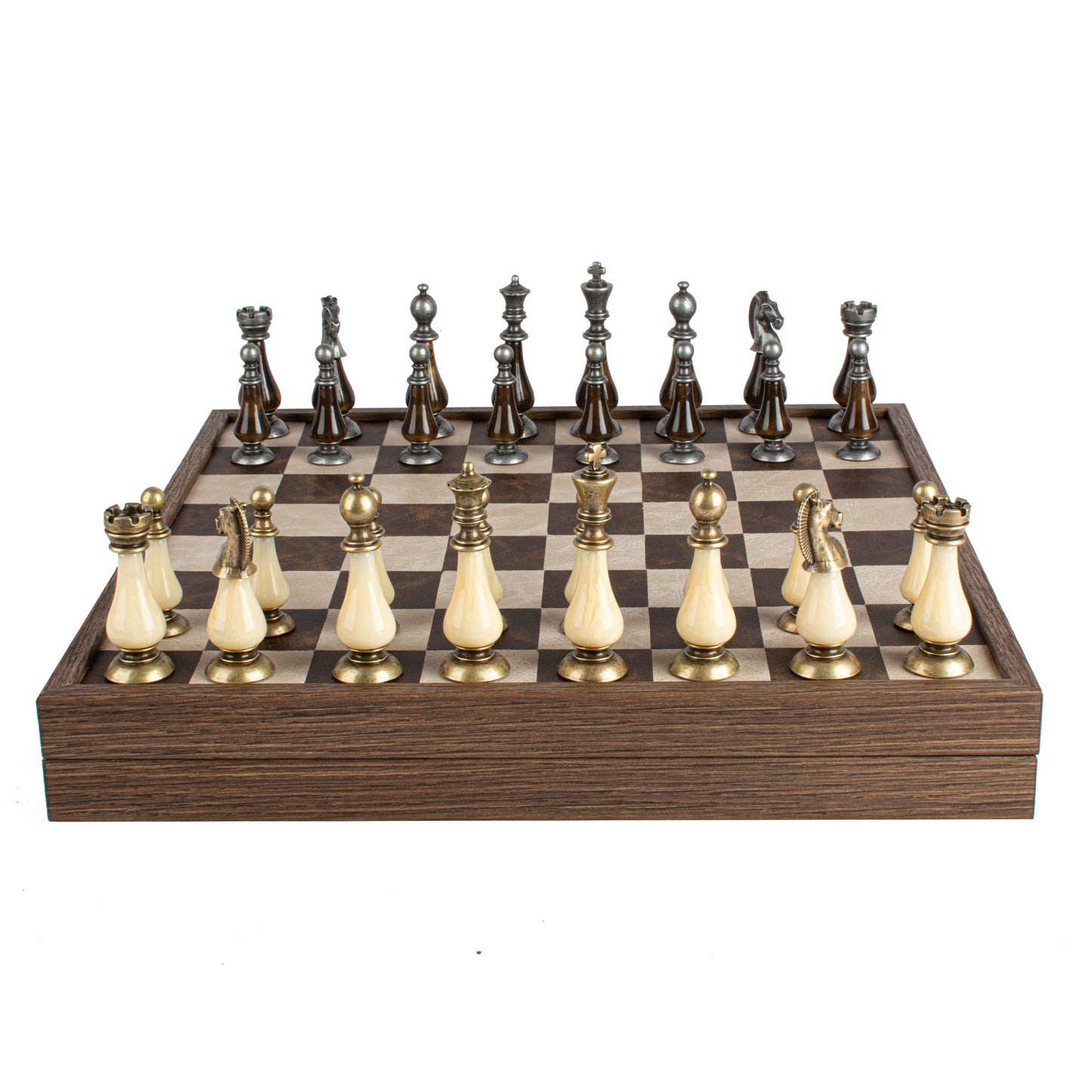 Brown/Ivory Leather Chessboard - 50x50cm with Brass and Pewter Finish Chessmen & Pearl Elements - Premium Chess from MANOPOULOS Chess & Backgammon - Just €318! Shop now at MANOPOULOS Chess & Backgammon