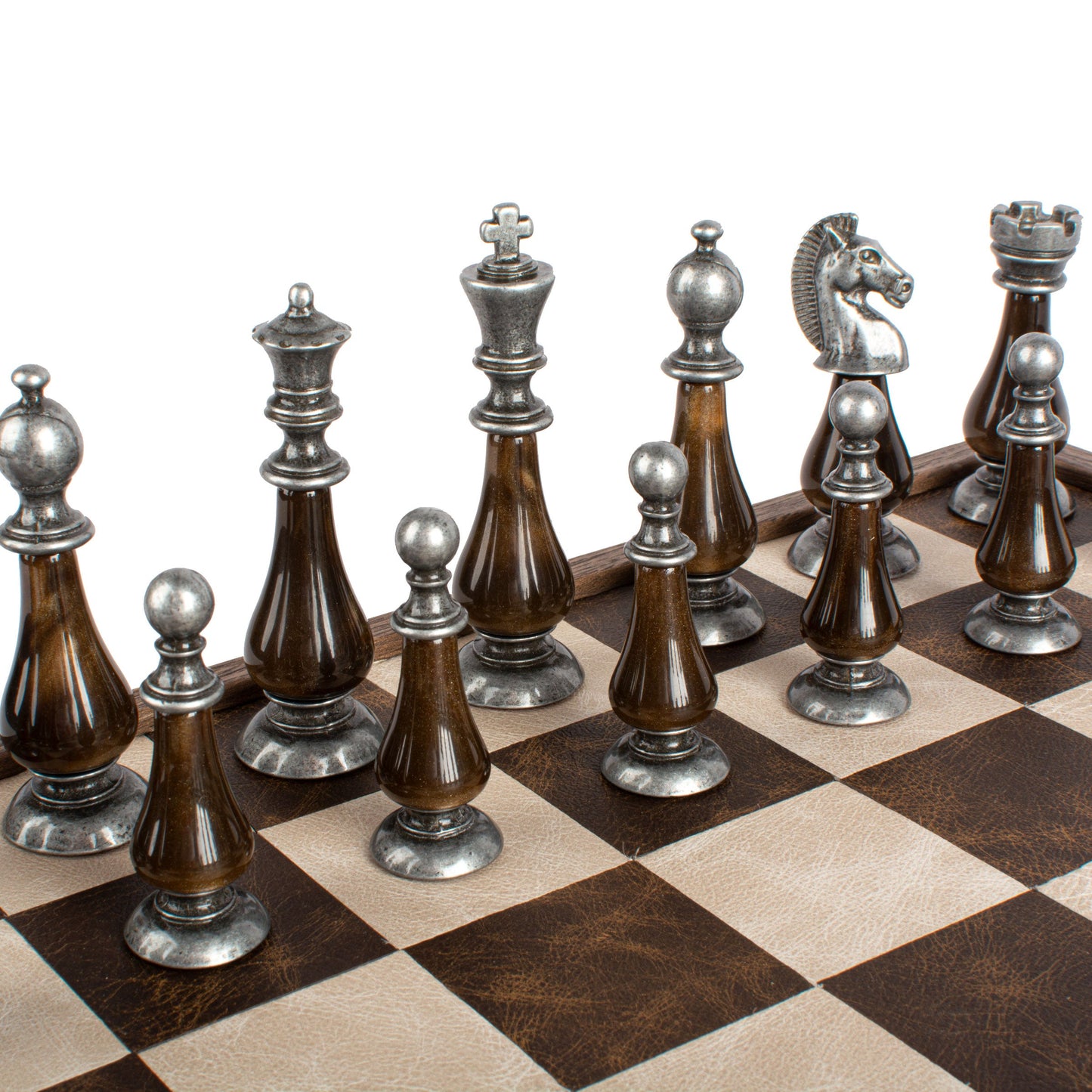 Brown/Ivory Leather Chessboard - 50x50cm with Brass and Pewter Finish Chessmen & Pearl Elements - Premium Chess from MANOPOULOS Chess & Backgammon - Just €318! Shop now at MANOPOULOS Chess & Backgammon