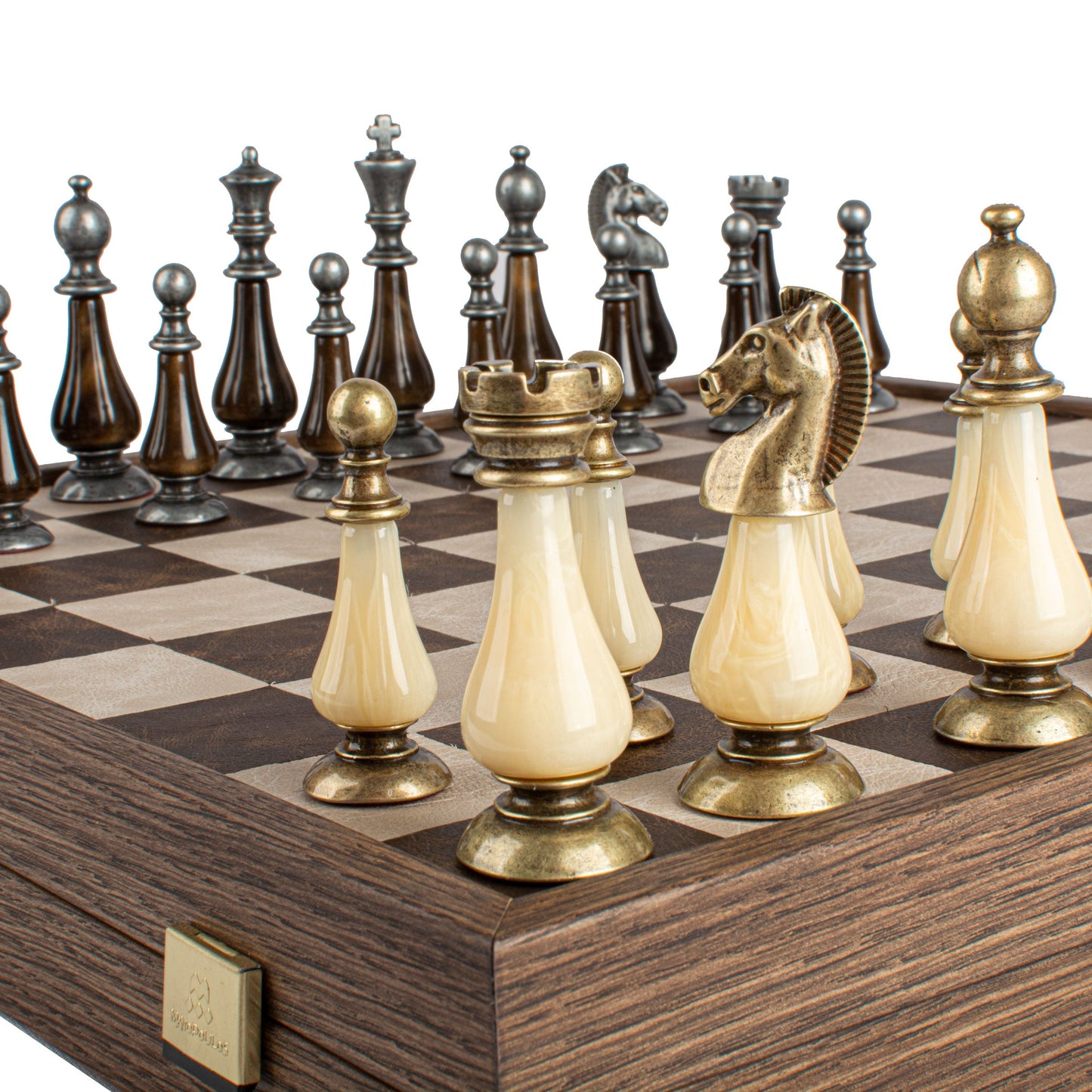 Brown/Ivory Leather Chessboard - 50x50cm with Brass and Pewter Finish Chessmen & Pearl Elements - Premium Chess from MANOPOULOS Chess & Backgammon - Just €318! Shop now at MANOPOULOS Chess & Backgammon
