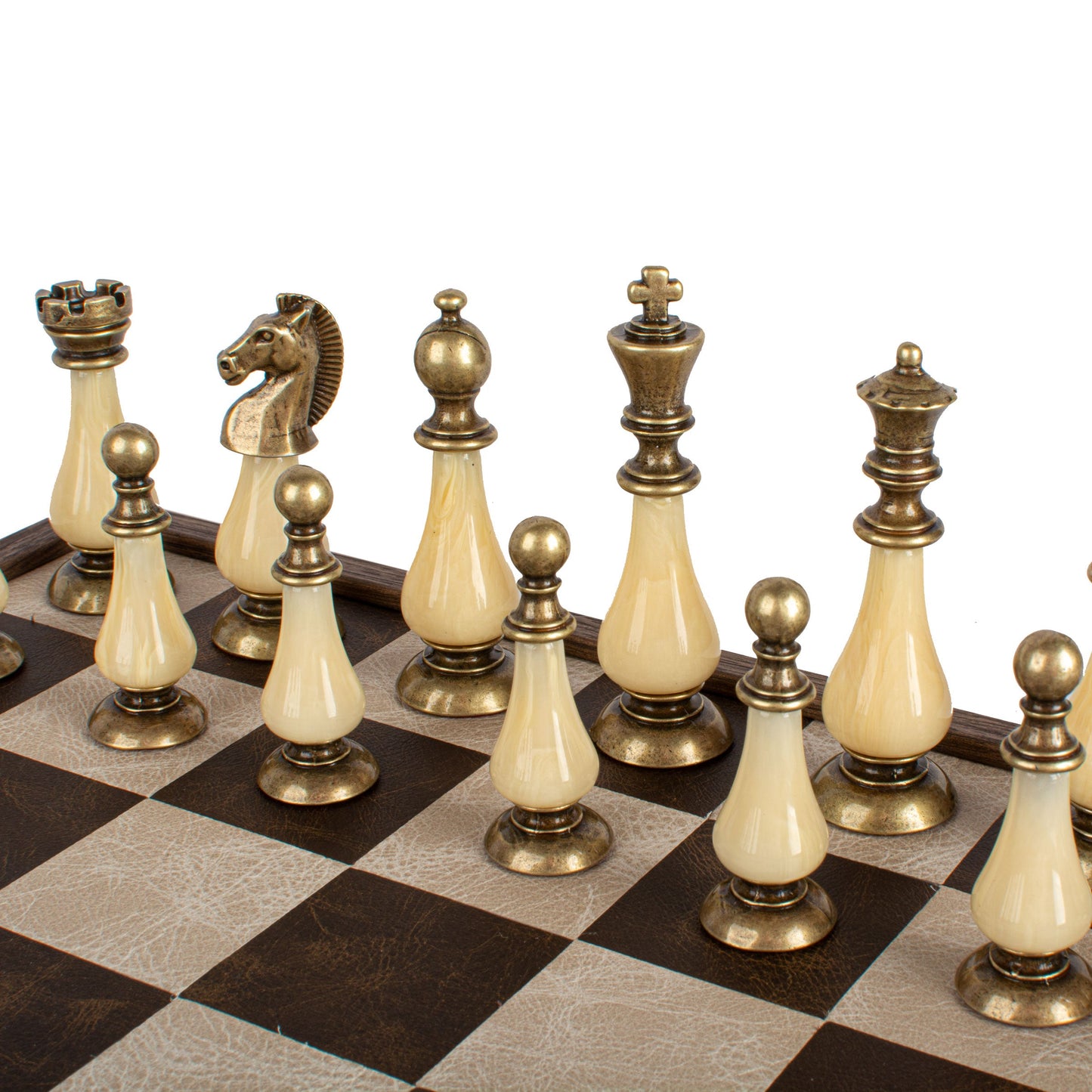 Brown/Ivory Leather Chessboard - 50x50cm with Brass and Pewter Finish Chessmen & Pearl Elements - Premium Chess from MANOPOULOS Chess & Backgammon - Just €318! Shop now at MANOPOULOS Chess & Backgammon