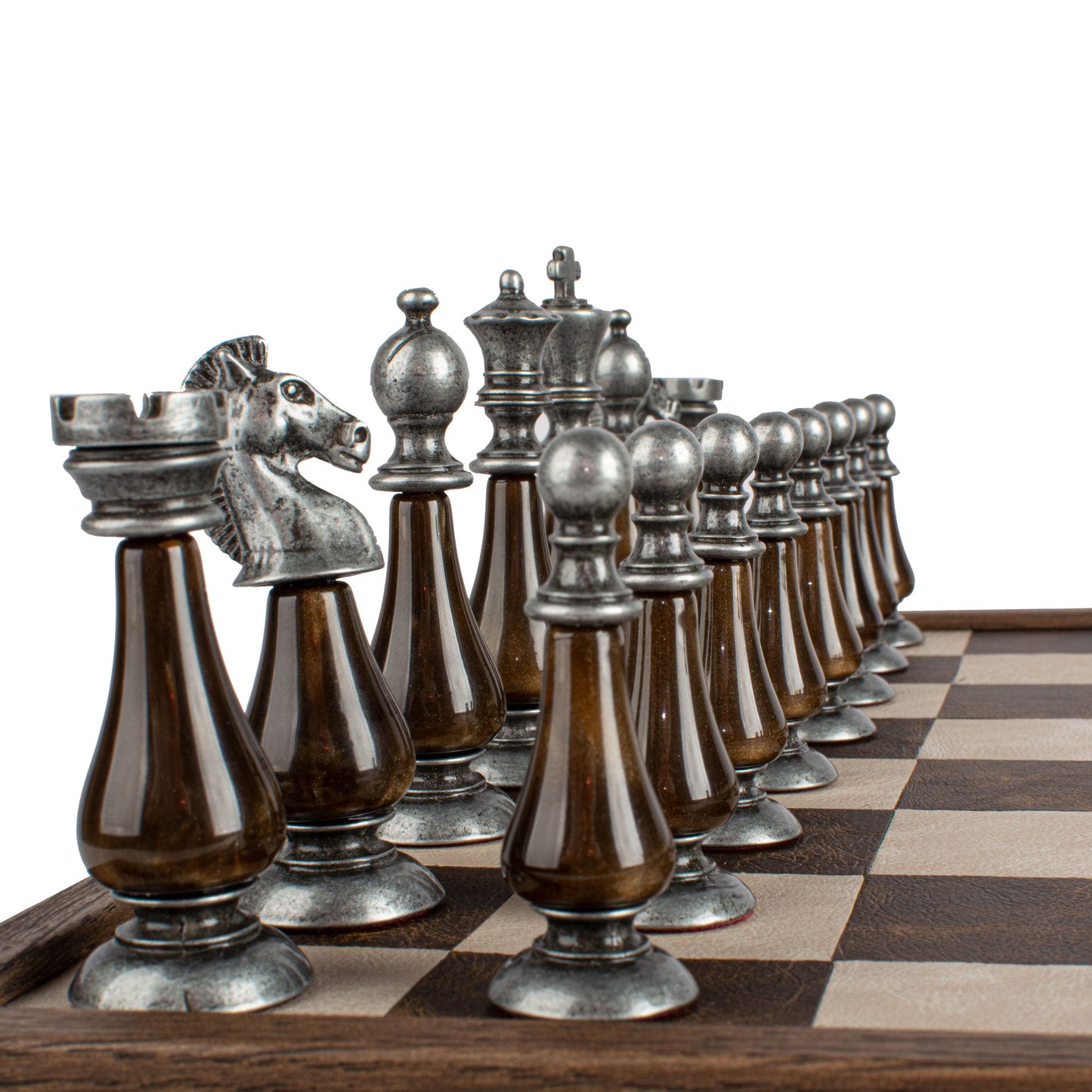 Brown/Ivory Leather Chessboard - 50x50cm with Brass and Pewter Finish Chessmen & Pearl Elements - Premium Chess from MANOPOULOS Chess & Backgammon - Just €318! Shop now at MANOPOULOS Chess & Backgammon