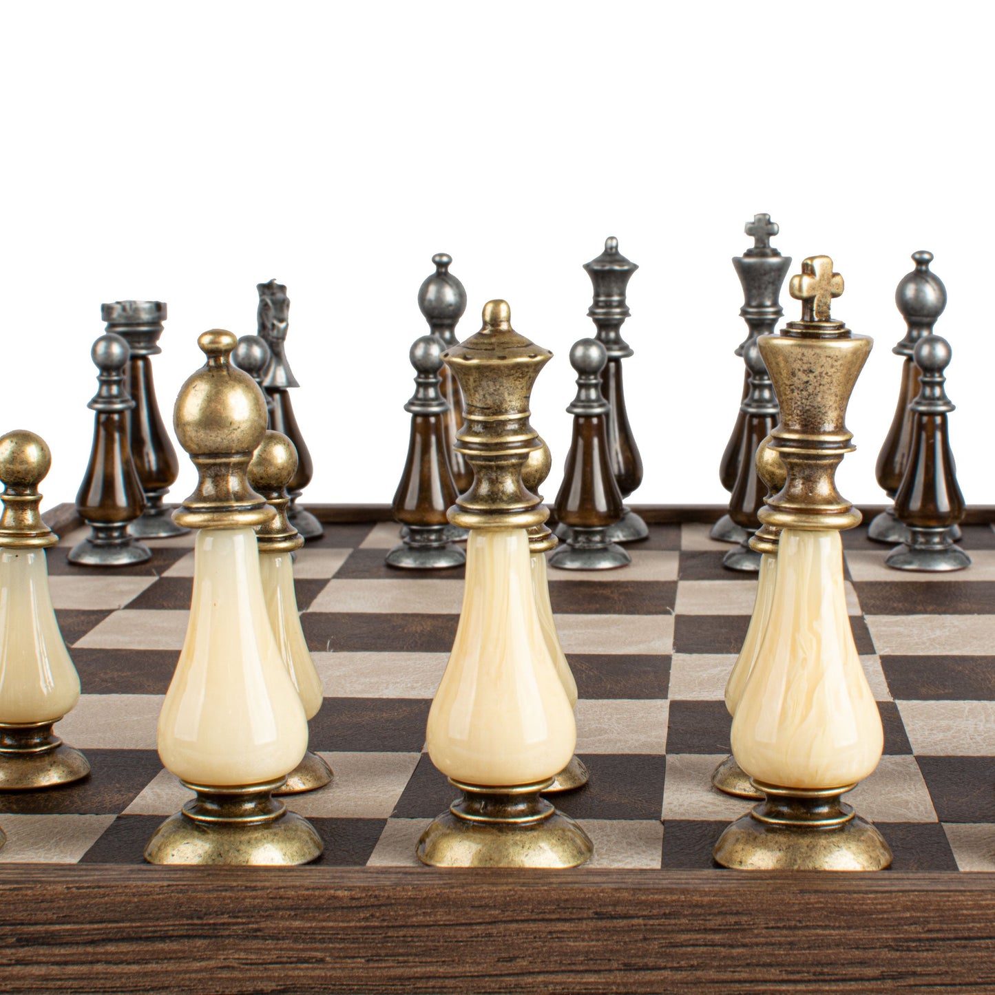 Brown/Ivory Leather Chessboard - 50x50cm with Brass and Pewter Finish Chessmen & Pearl Elements - Premium Chess from MANOPOULOS Chess & Backgammon - Just €318! Shop now at MANOPOULOS Chess & Backgammon