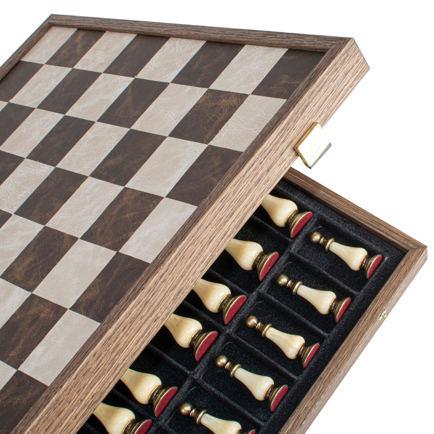 Brown/Ivory Leather Chessboard - 50x50cm with Brass and Pewter Finish Chessmen & Pearl Elements - Premium Chess from MANOPOULOS Chess & Backgammon - Just €318! Shop now at MANOPOULOS Chess & Backgammon