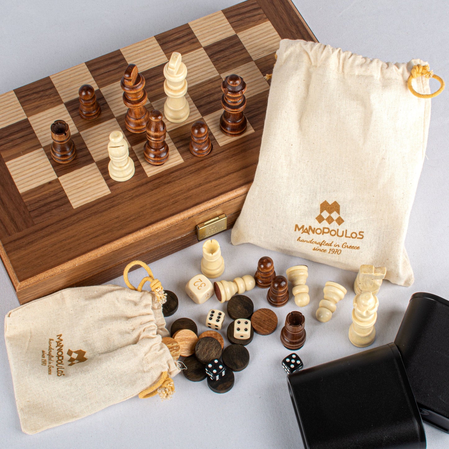 Handcrafted Walnut 3-in-1 Chess, Backgammon, and Checkers Set - Elegant Marquetry Design - Premium Backgammon from MANOPOULOS Chess & Backgammon - Just €95! Shop now at MANOPOULOS Chess & Backgammon