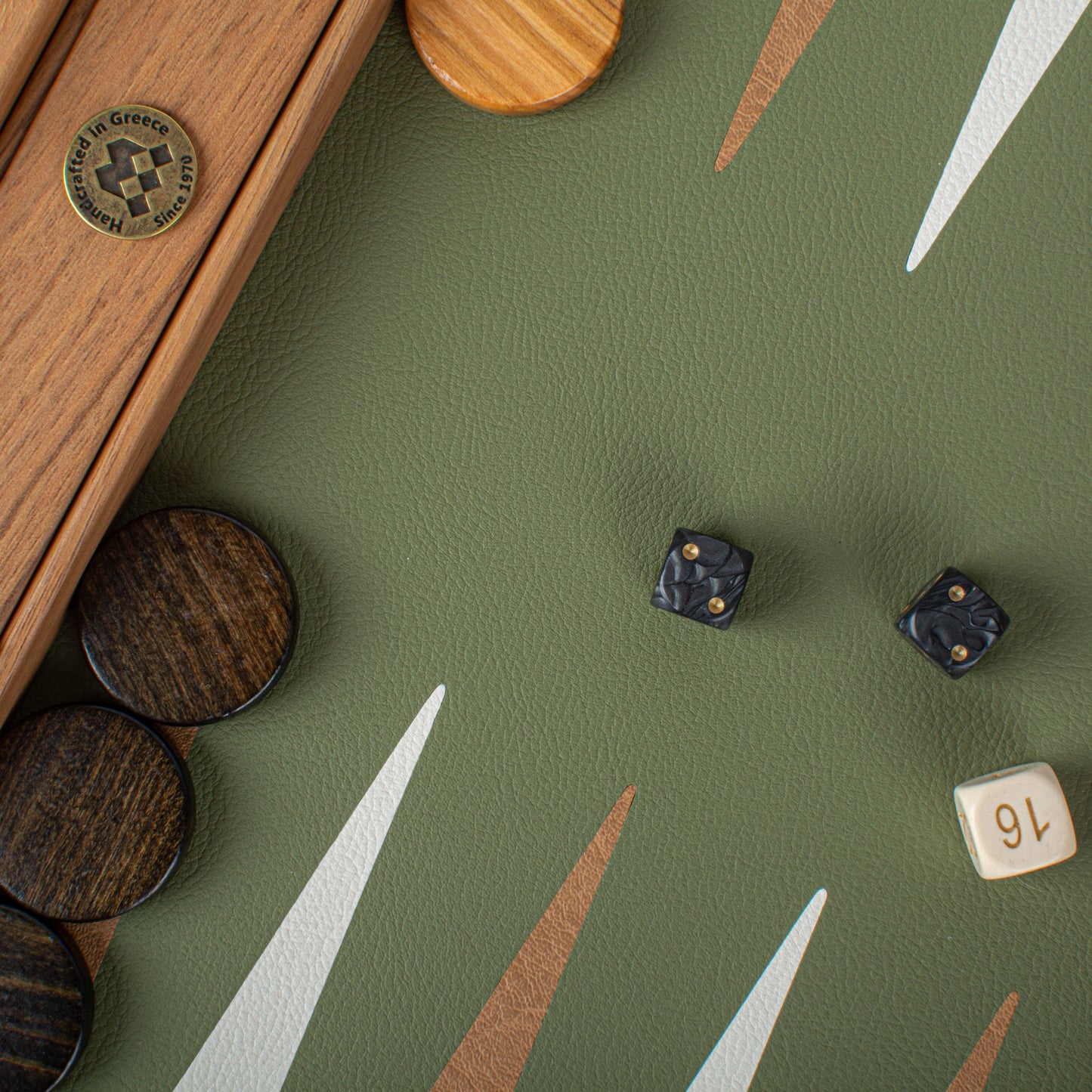 Premium Handcrafted Knitted Leather Backgammon Set in Olive Green - Premium Backgammon from MANOPOULOS Chess & Backgammon - Just €425! Shop now at MANOPOULOS Chess & Backgammon