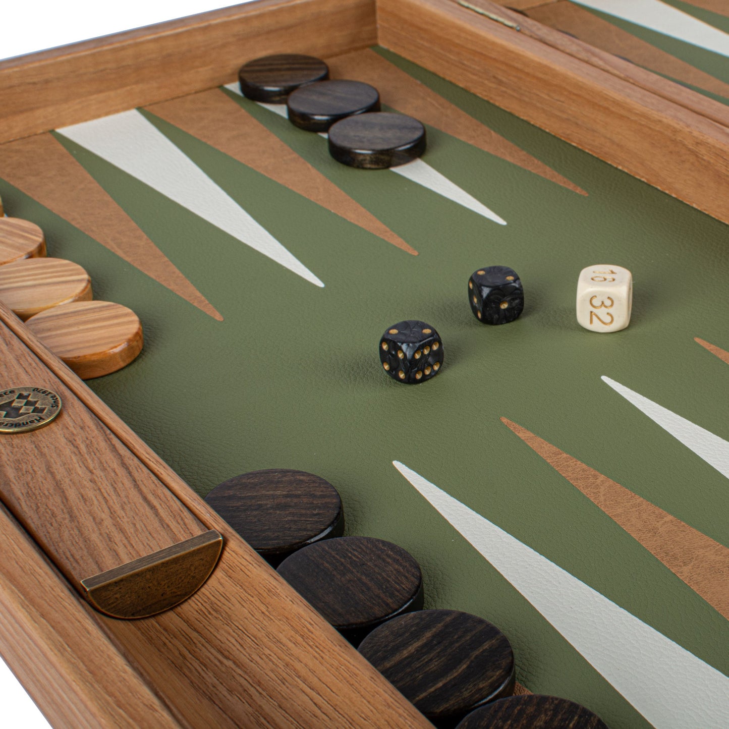 Premium Handcrafted Knitted Leather Backgammon Set in Olive Green - Premium Backgammon from MANOPOULOS Chess & Backgammon - Just €425! Shop now at MANOPOULOS Chess & Backgammon