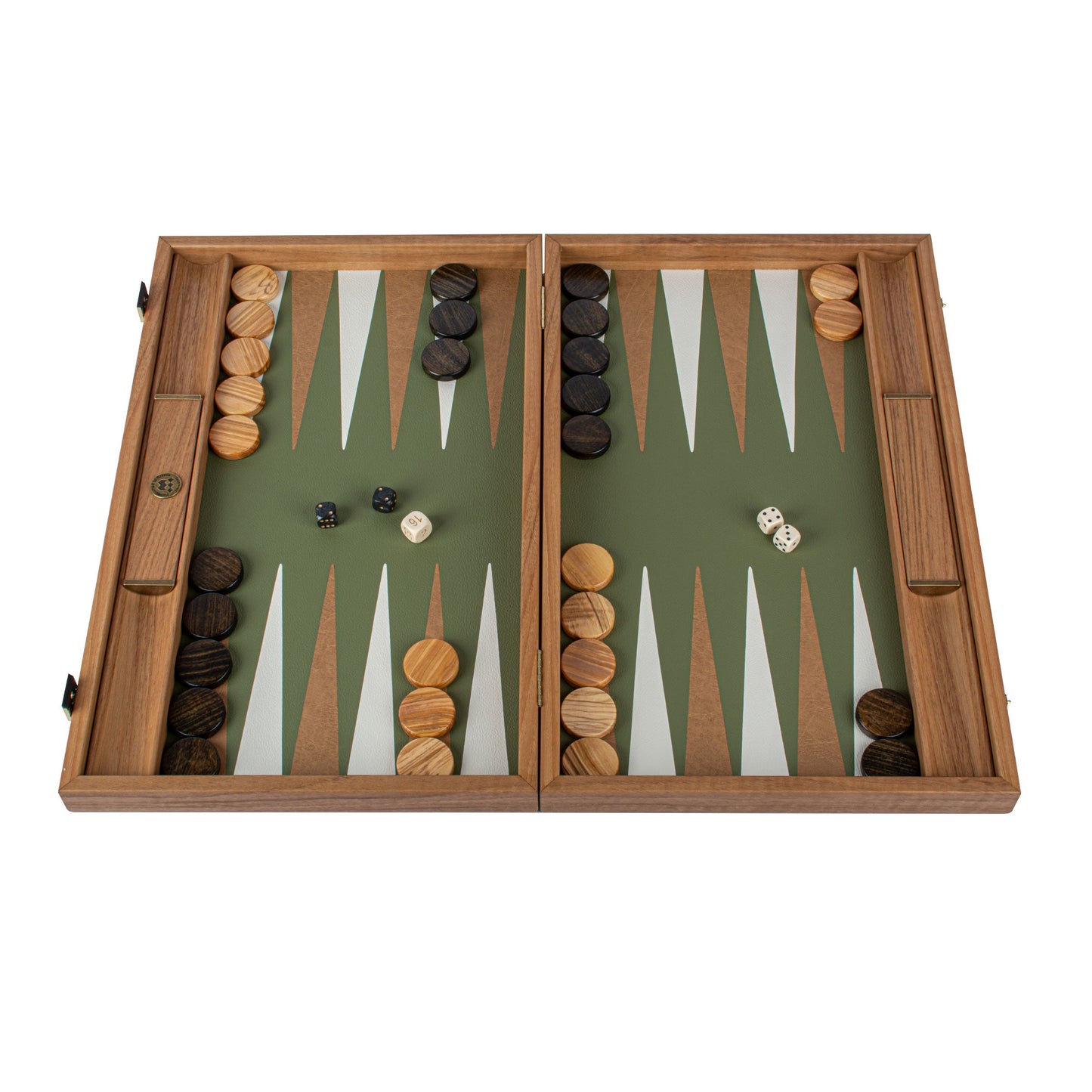 Premium Handcrafted Knitted Leather Backgammon Set in Olive Green - Premium Backgammon from MANOPOULOS Chess & Backgammon - Just €425! Shop now at MANOPOULOS Chess & Backgammon