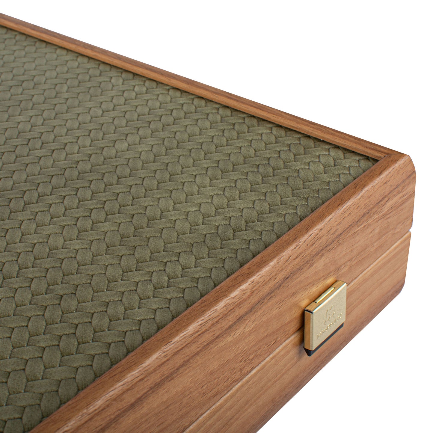 Premium Handcrafted Knitted Leather Backgammon Set in Olive Green - Premium Backgammon from MANOPOULOS Chess & Backgammon - Just €425! Shop now at MANOPOULOS Chess & Backgammon