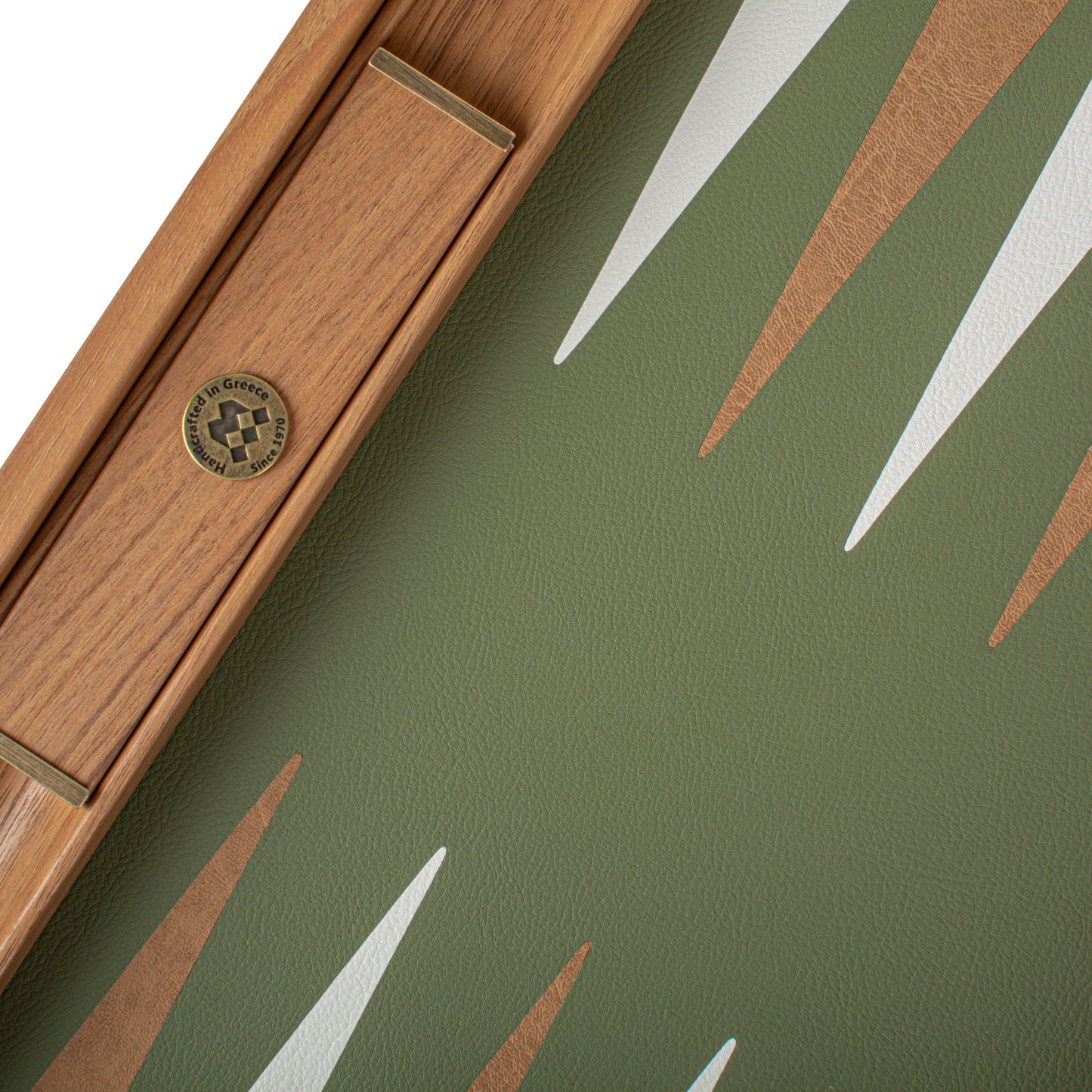Premium Handcrafted Knitted Leather Backgammon Set in Olive Green - Premium Backgammon from MANOPOULOS Chess & Backgammon - Just €425! Shop now at MANOPOULOS Chess & Backgammon