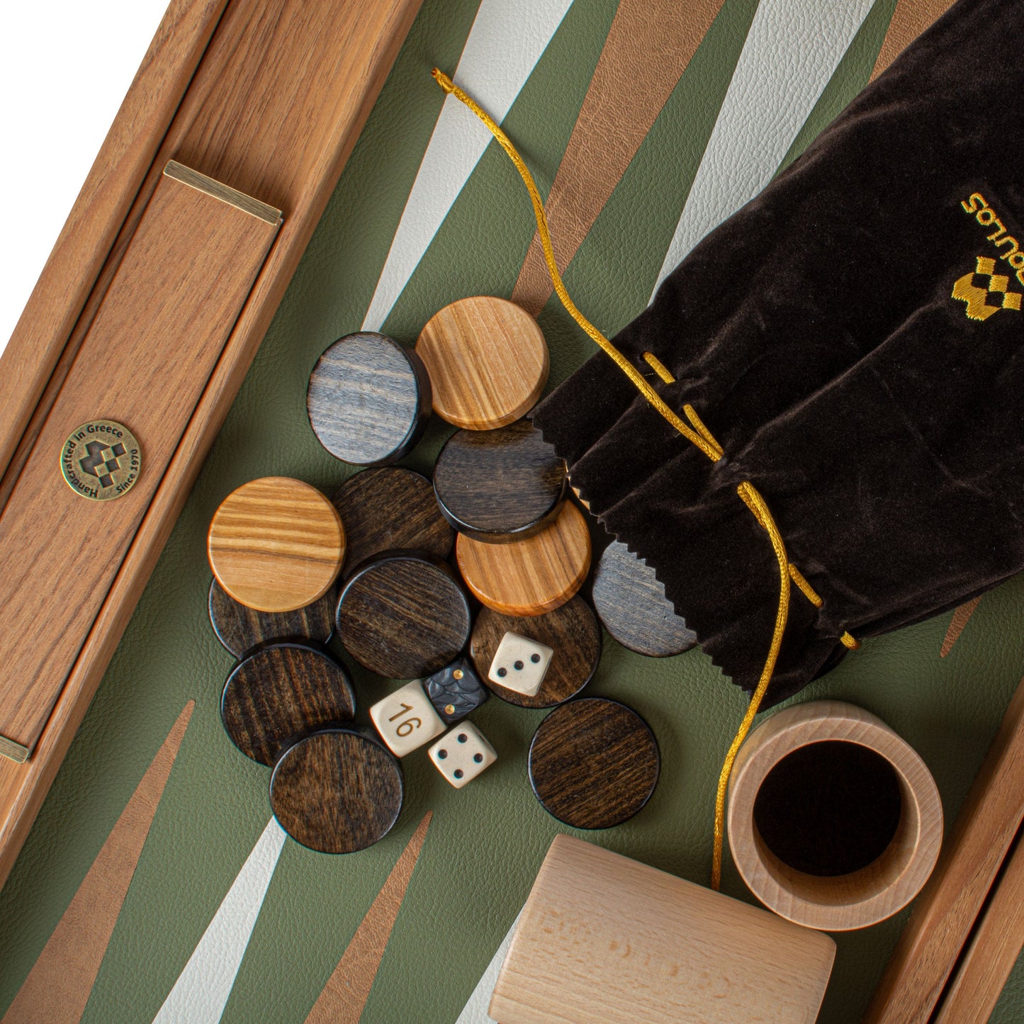 Premium Handcrafted Knitted Leather Backgammon Set in Olive Green - Premium Backgammon from MANOPOULOS Chess & Backgammon - Just €425! Shop now at MANOPOULOS Chess & Backgammon