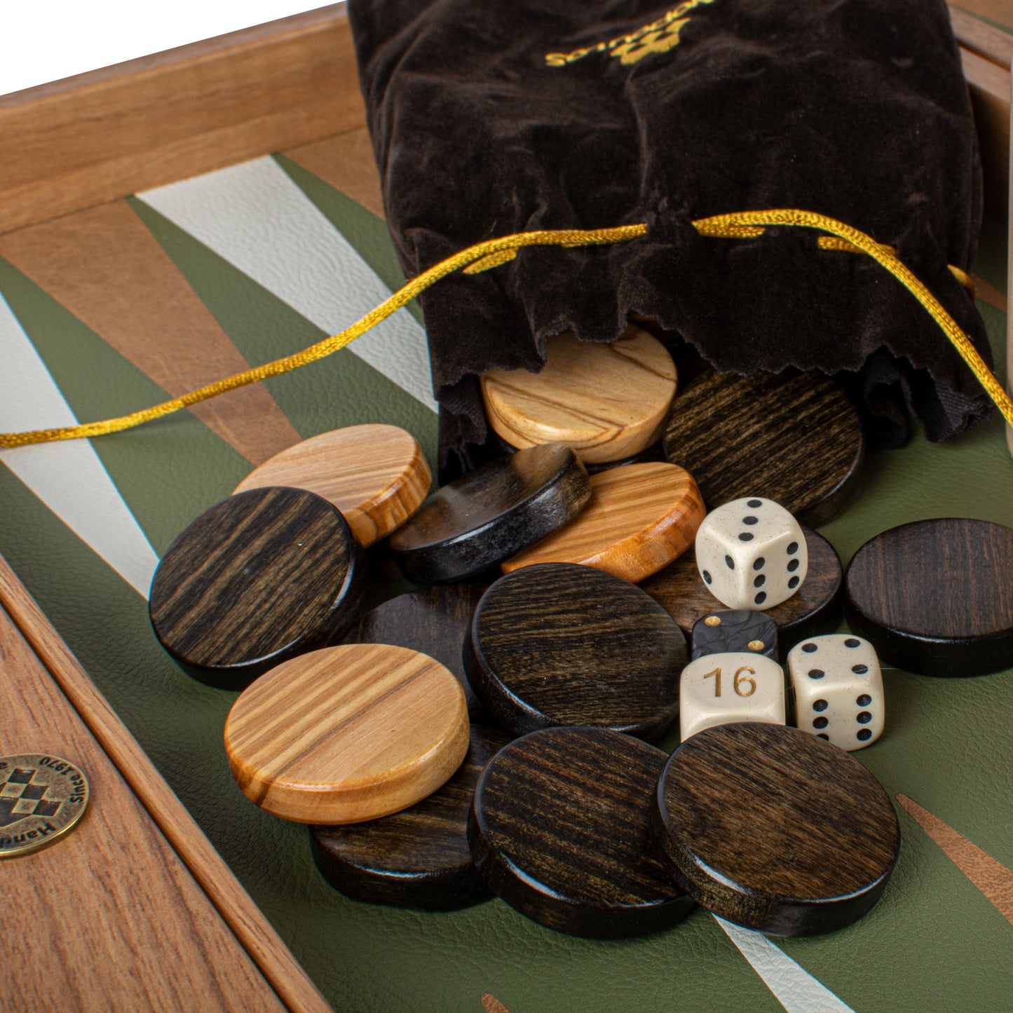 Premium Handcrafted Knitted Leather Backgammon Set in Olive Green - Premium Backgammon from MANOPOULOS Chess & Backgammon - Just €425! Shop now at MANOPOULOS Chess & Backgammon