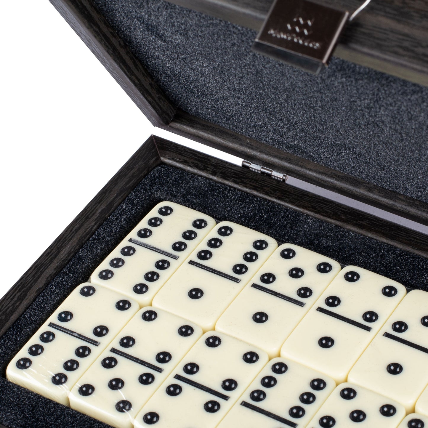 Luxury Dominoes Set in Dark Grey Leatherette with Wooden Case - Premium Dominoes from MANOPOULOS Chess & Backgammon - Just €53.90! Shop now at MANOPOULOS Chess & Backgammon