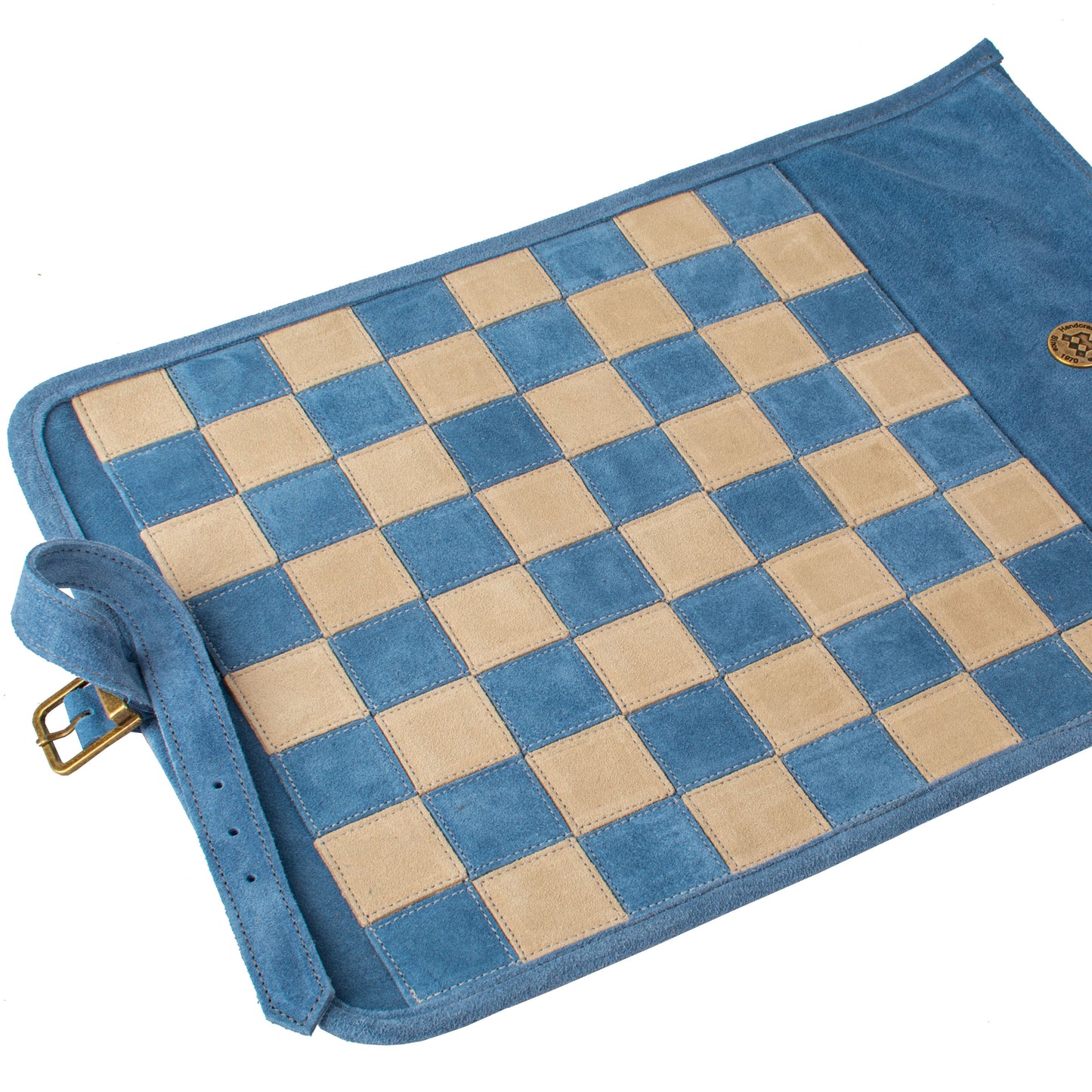 Premium Handcrafted Denim Blue Suede Roll-Up Chess Set with Metal Chessmen