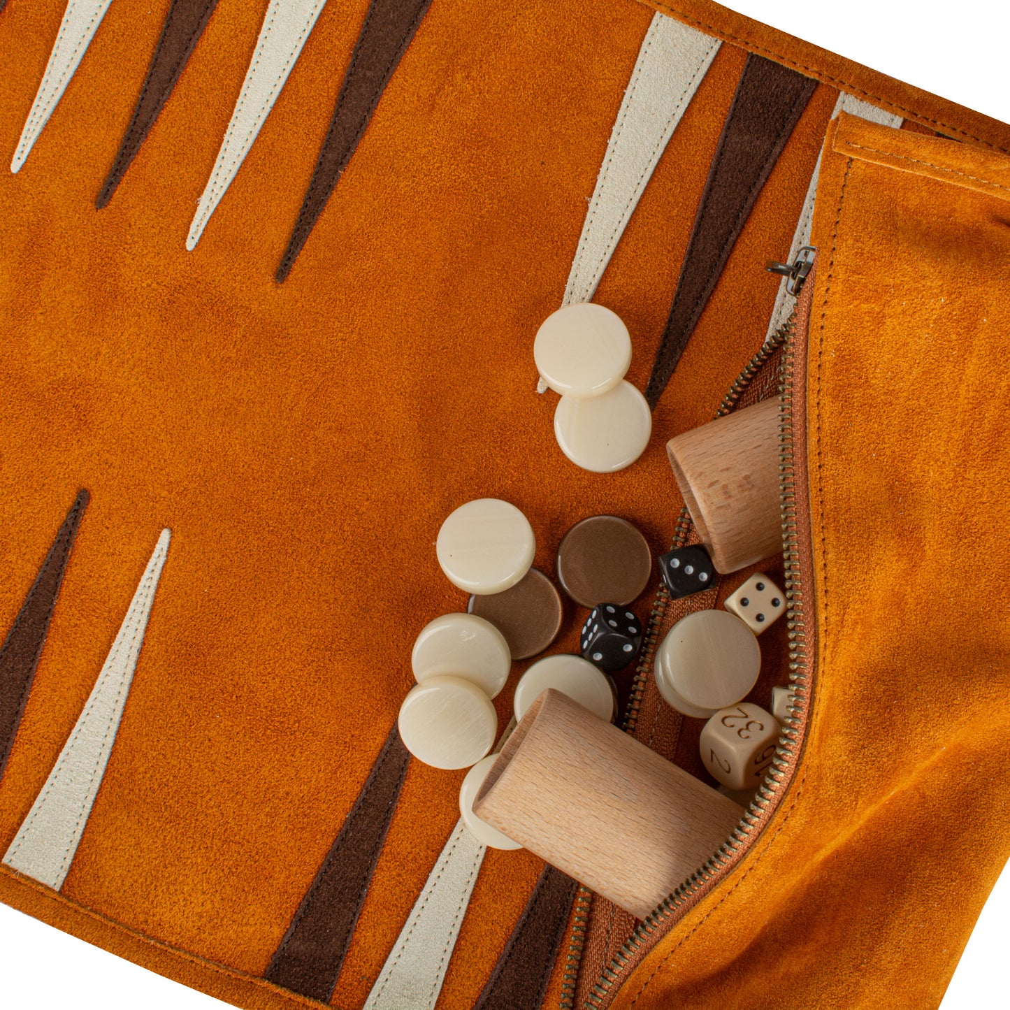 Premium Handcrafted Cinnamon Brown Suede Roll-Up Backgammon Set