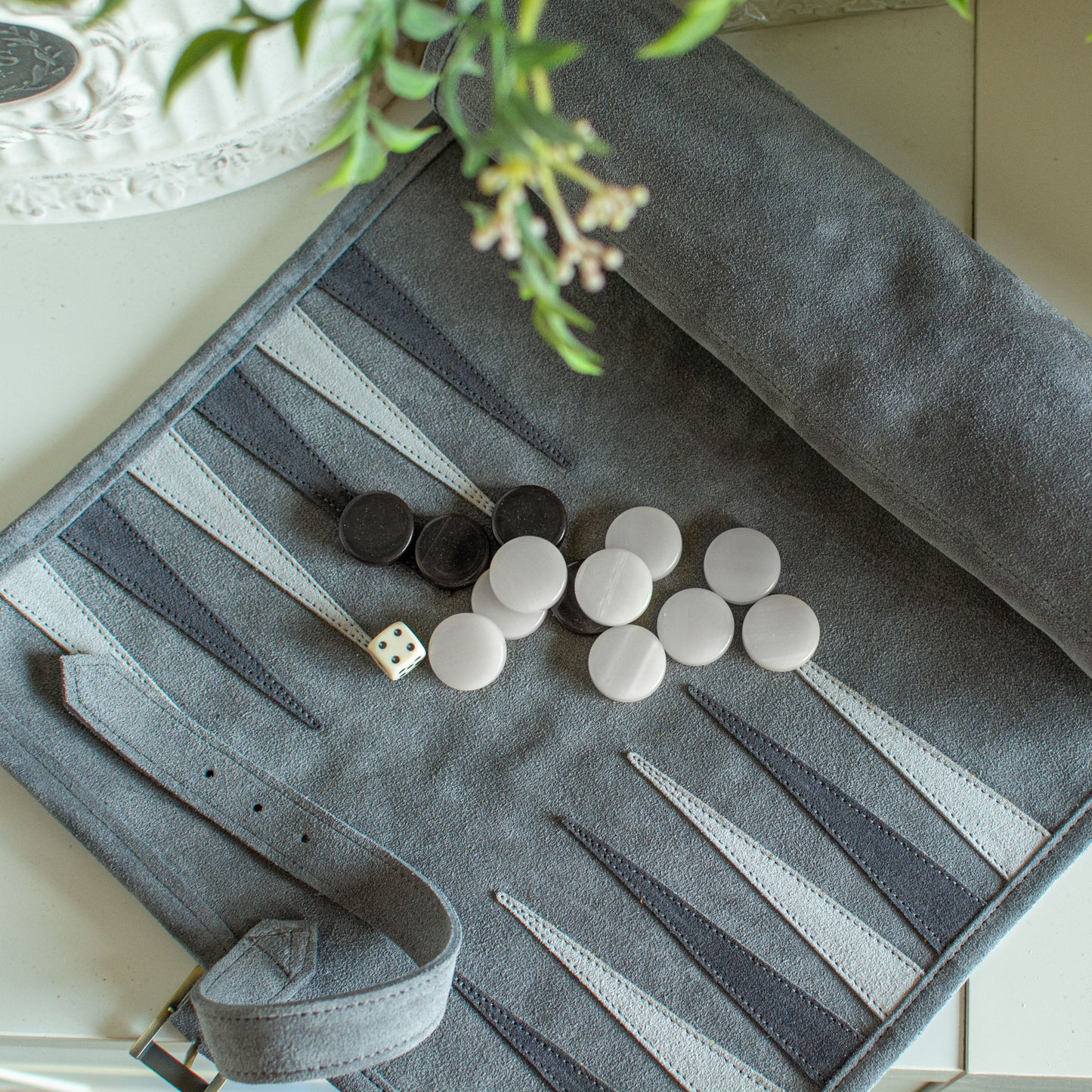 Premium Handcrafted Grey Suede Roll-Up Backgammon Set