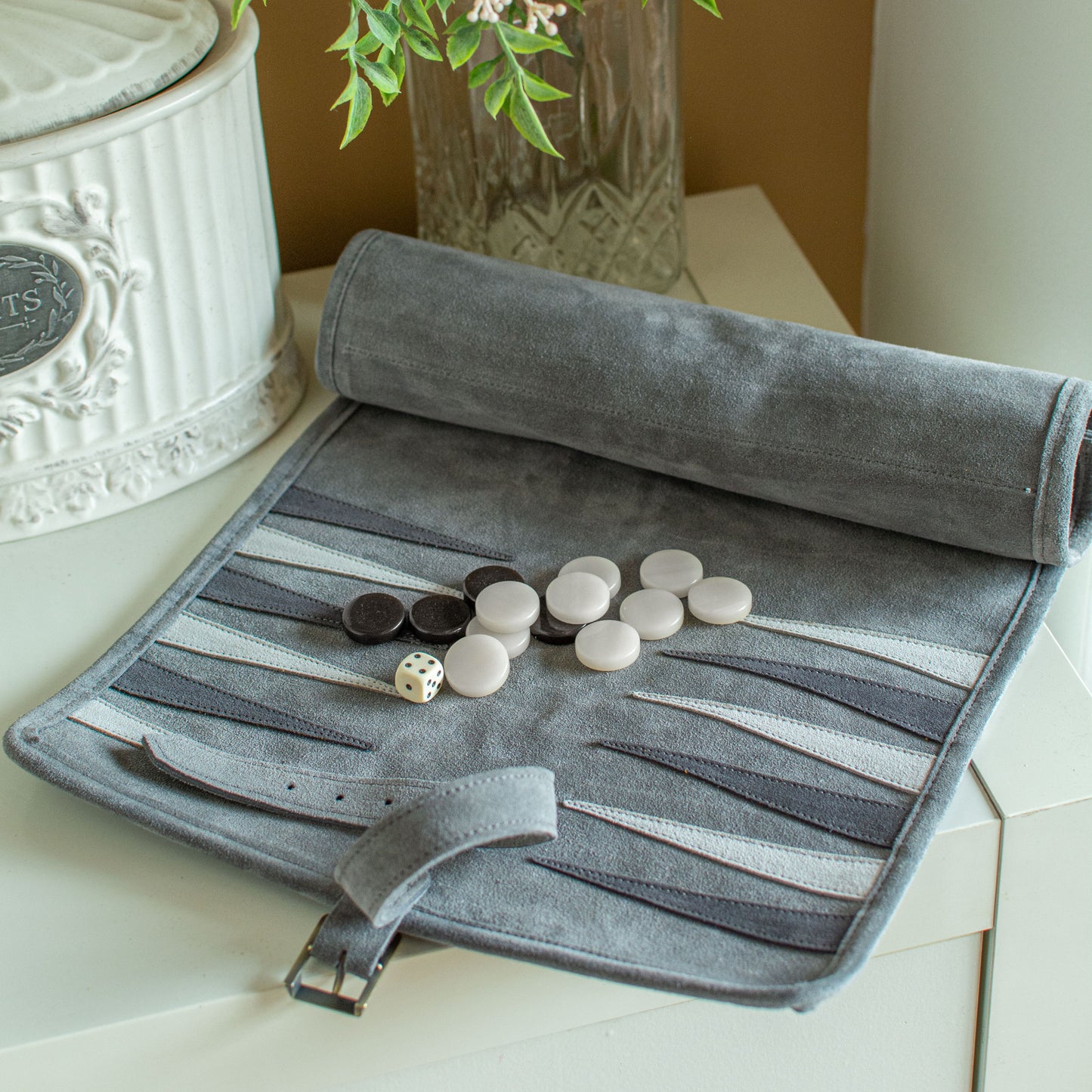 Premium Handcrafted Grey Suede Roll-Up Backgammon Set