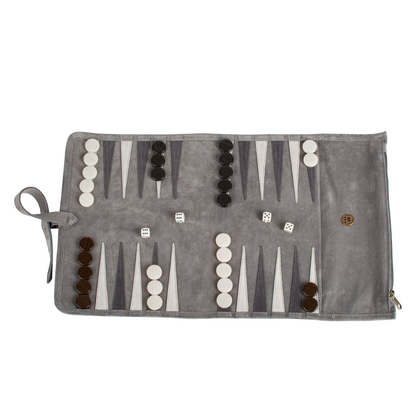 Premium Handcrafted Grey Suede Roll-Up Backgammon Set