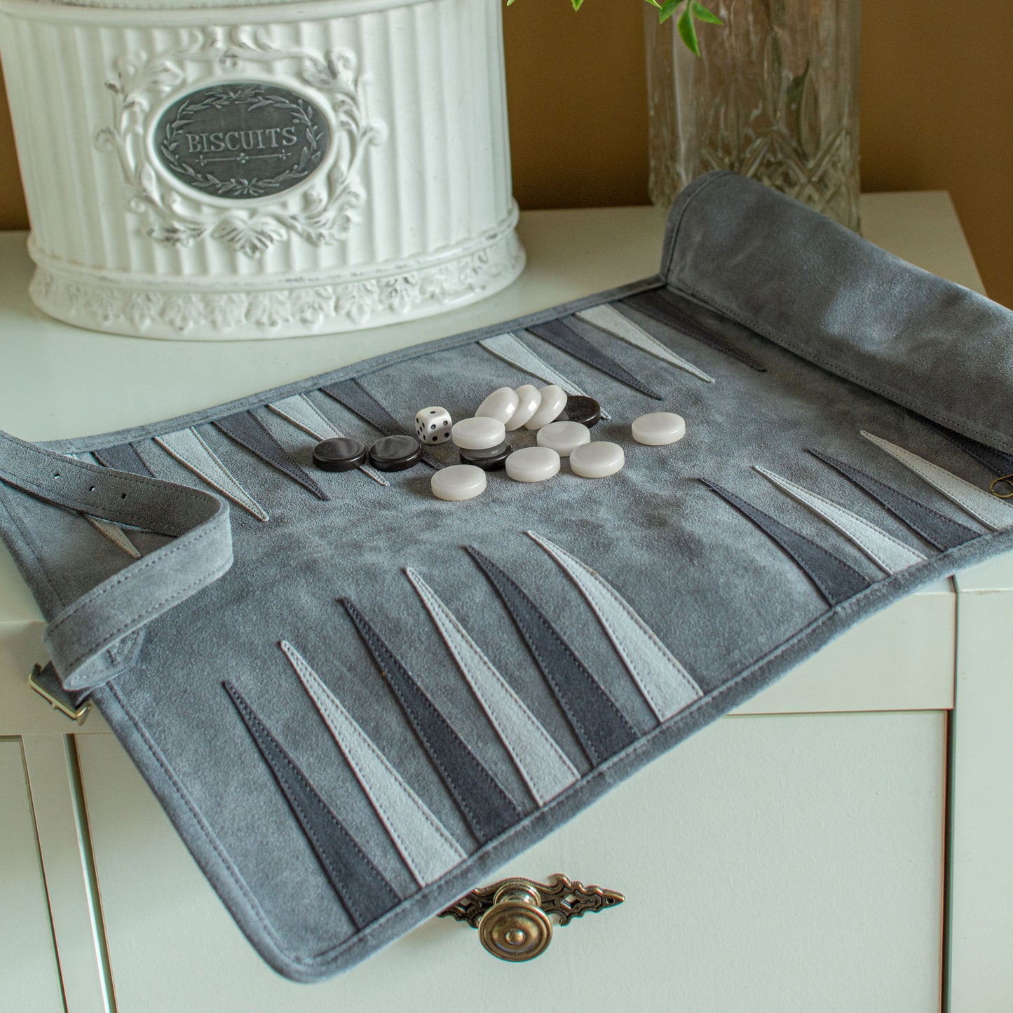 Premium Handcrafted Grey Suede Roll-Up Backgammon Set