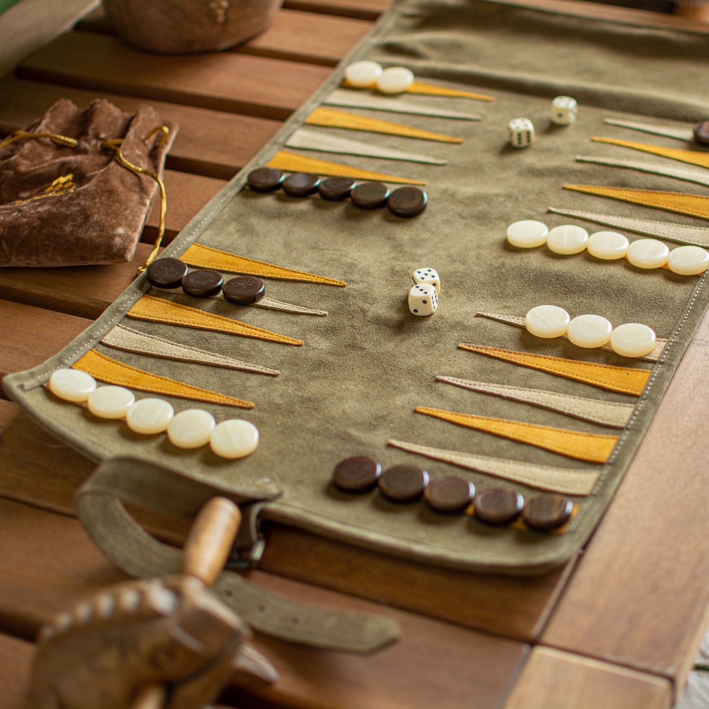 Premium Handcrafted Khaki Brown Suede Roll-Up Backgammon Set
