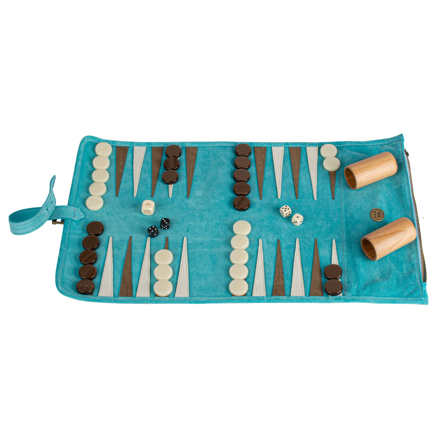 Premium Handcrafted Turquoise Suede Roll-Up Backgammon Set