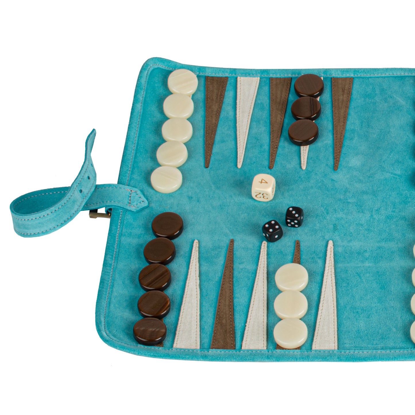 Premium Handcrafted Turquoise Suede Roll-Up Backgammon Set