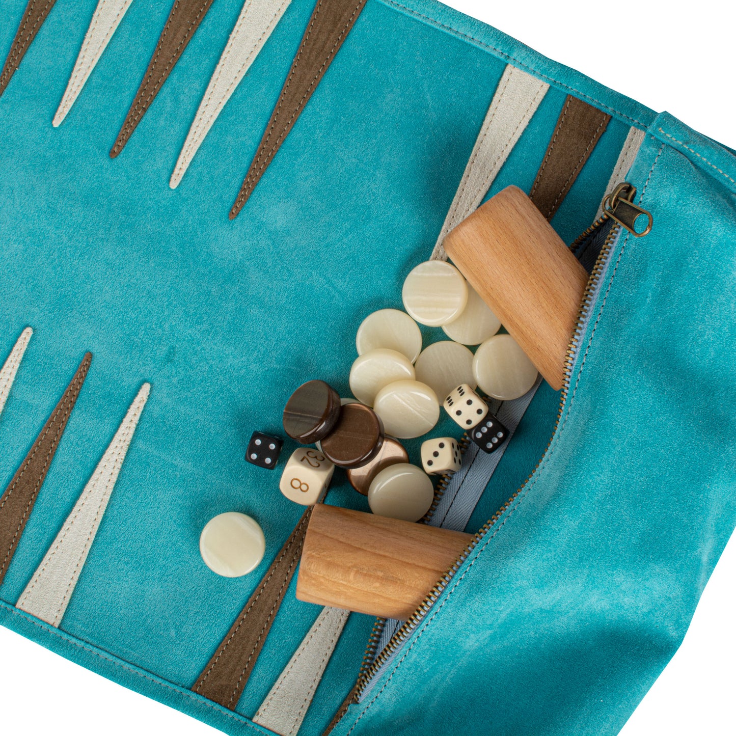 Premium Handcrafted Turquoise Suede Roll-Up Backgammon Set