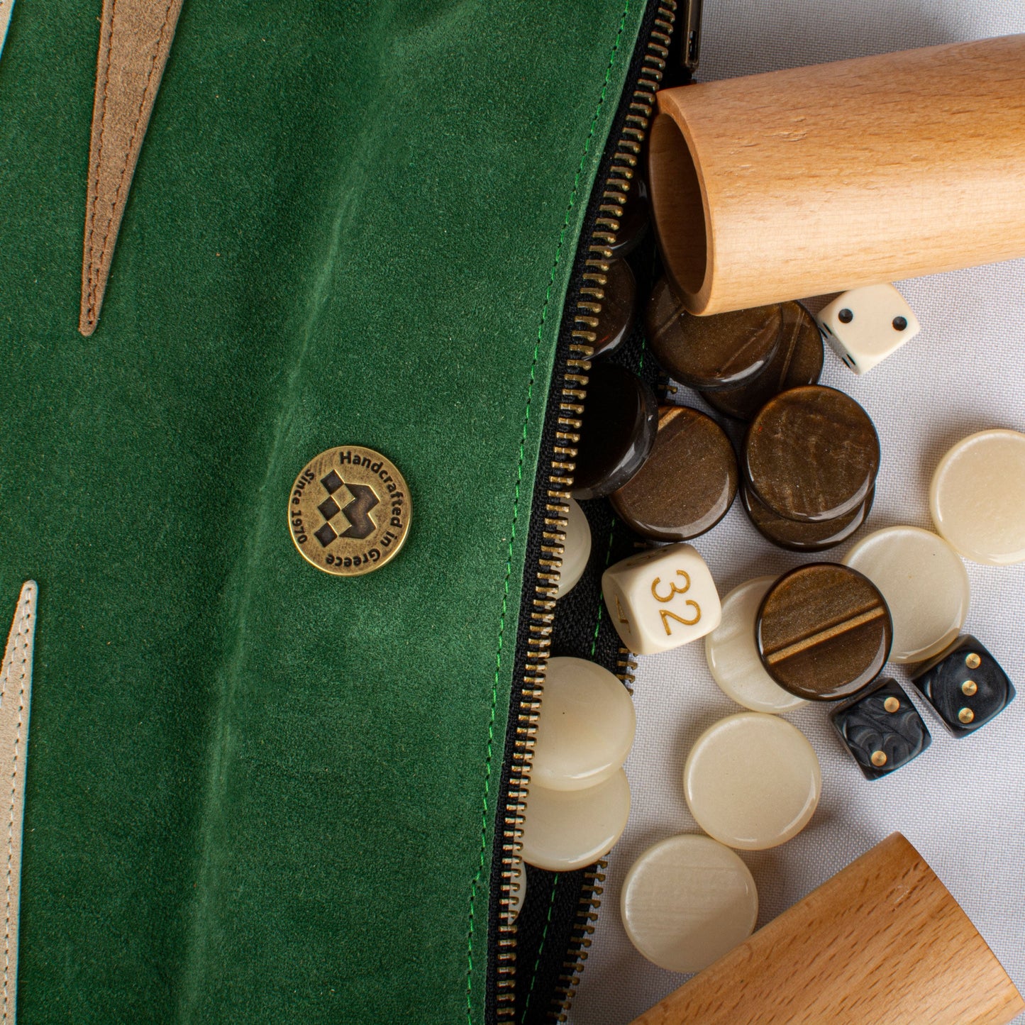 Premium Handcrafted Forest Green Suede Roll-Up Backgammon Set - Premium Backgammon from MANOPOULOS Chess & Backgammon - Just €139! Shop now at MANOPOULOS Chess & Backgammon