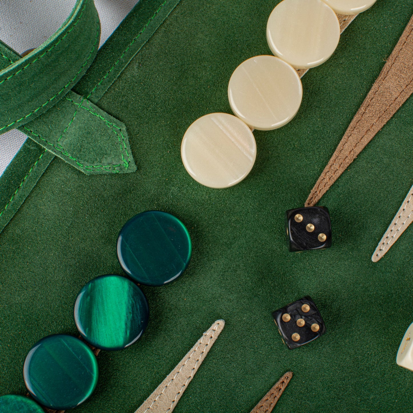Premium Handcrafted Forest Green Suede Roll-Up Backgammon Set - Premium Backgammon from MANOPOULOS Chess & Backgammon - Just €139! Shop now at MANOPOULOS Chess & Backgammon