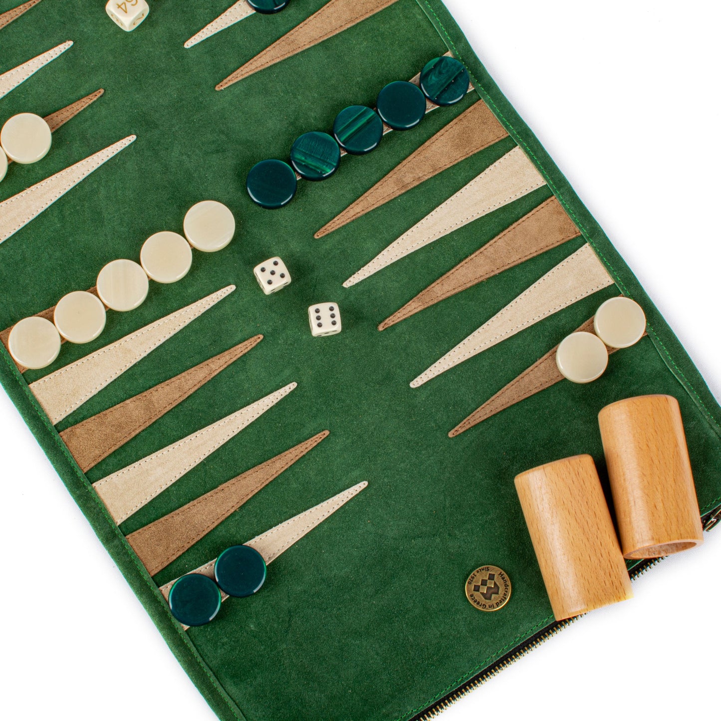 Premium Handcrafted Forest Green Suede Roll-Up Backgammon Set - Premium Backgammon from MANOPOULOS Chess & Backgammon - Just €139! Shop now at MANOPOULOS Chess & Backgammon