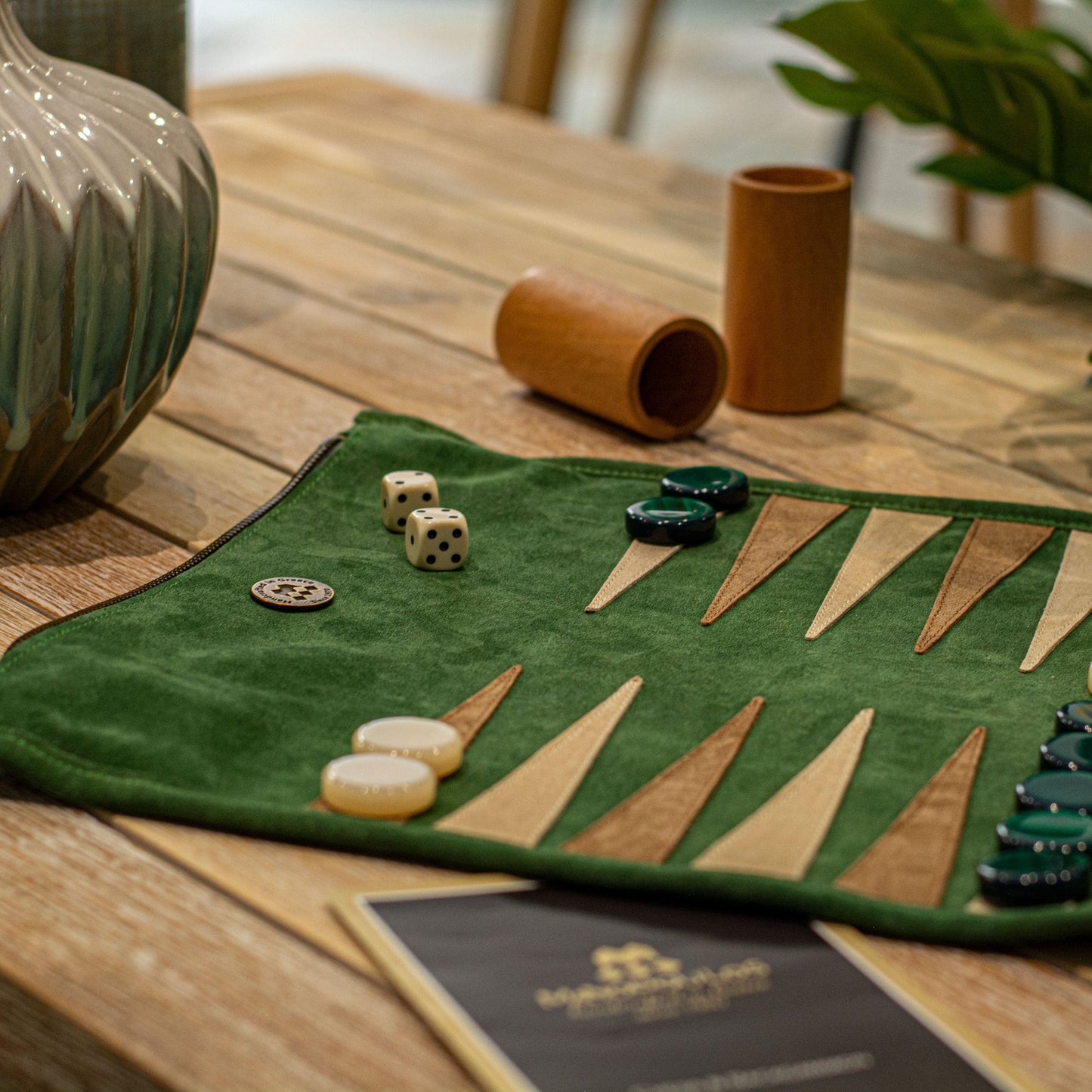 Premium Handcrafted Forest Green Suede Roll-Up Backgammon Set - Premium Backgammon from MANOPOULOS Chess & Backgammon - Just €139! Shop now at MANOPOULOS Chess & Backgammon