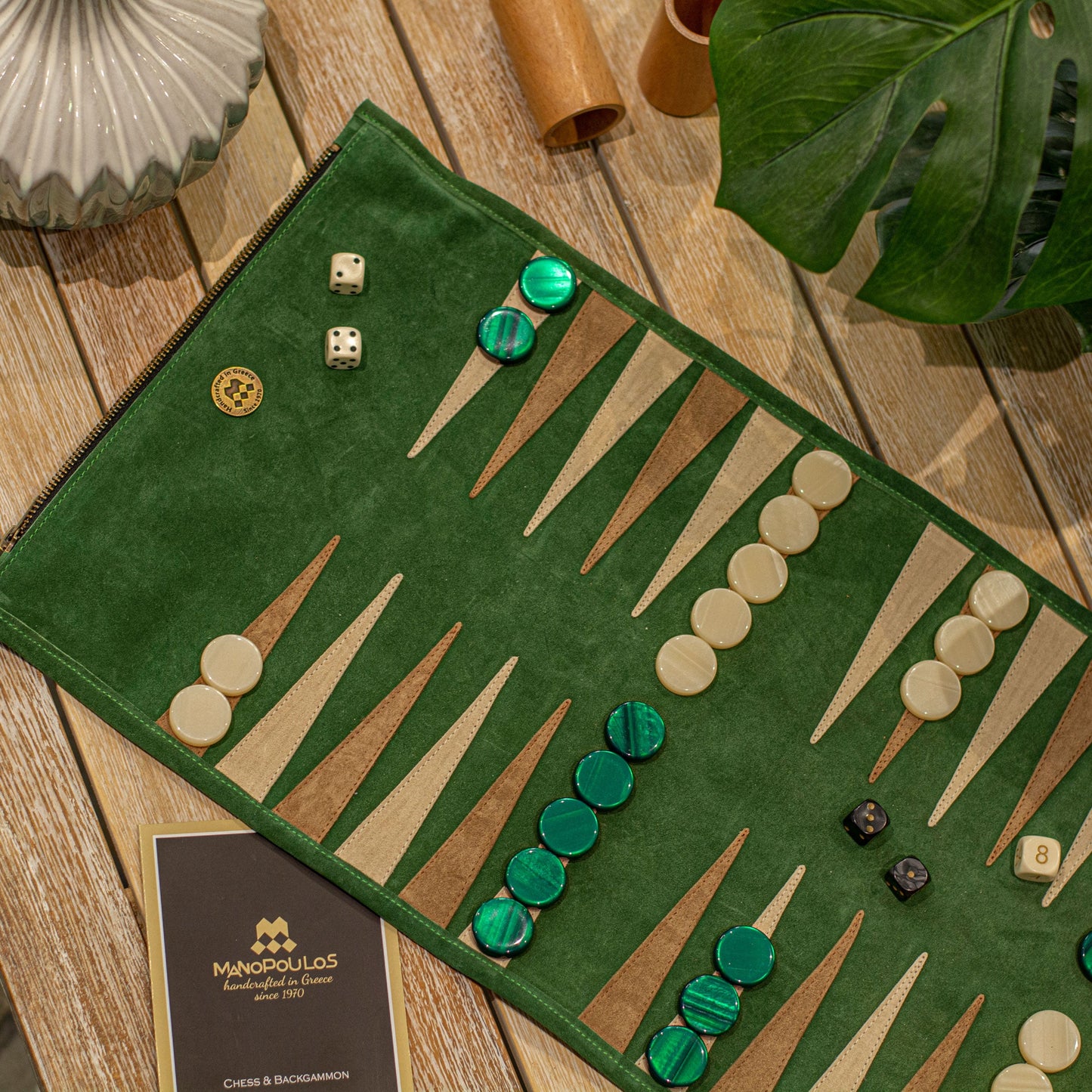 Premium Handcrafted Forest Green Suede Roll-Up Backgammon Set - Premium Backgammon from MANOPOULOS Chess & Backgammon - Just €139! Shop now at MANOPOULOS Chess & Backgammon