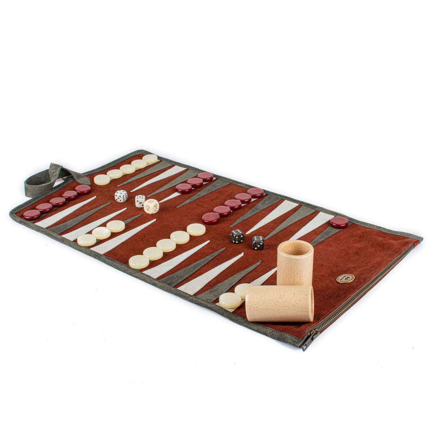 Premium Handcrafted Burgundy Red Suede Roll-Up Backgammon Set - Premium Backgammon from MANOPOULOS Chess & Backgammon - Just €139! Shop now at MANOPOULOS Chess & Backgammon