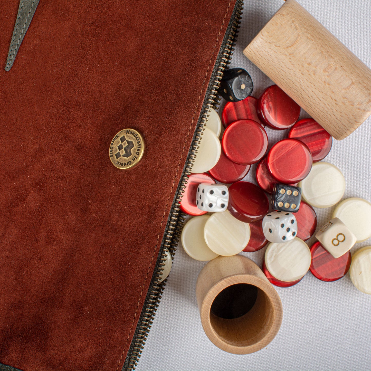 Premium Handcrafted Burgundy Red Suede Roll-Up Backgammon Set - Premium Backgammon from MANOPOULOS Chess & Backgammon - Just €139! Shop now at MANOPOULOS Chess & Backgammon