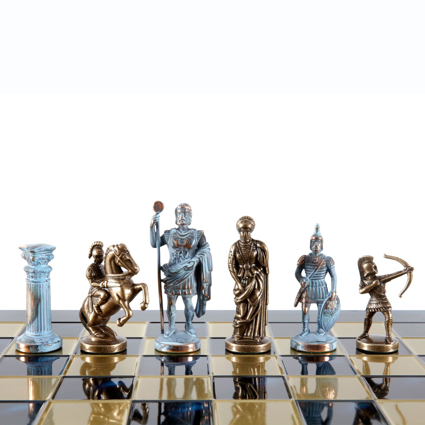ARCHERS CHESS SET with blue/brown chessmen and bronze chessboard (Large) - Premium Chess from MANOPOULOS Chess & Backgammon - Just €275! Shop now at MANOPOULOS Chess & Backgammon