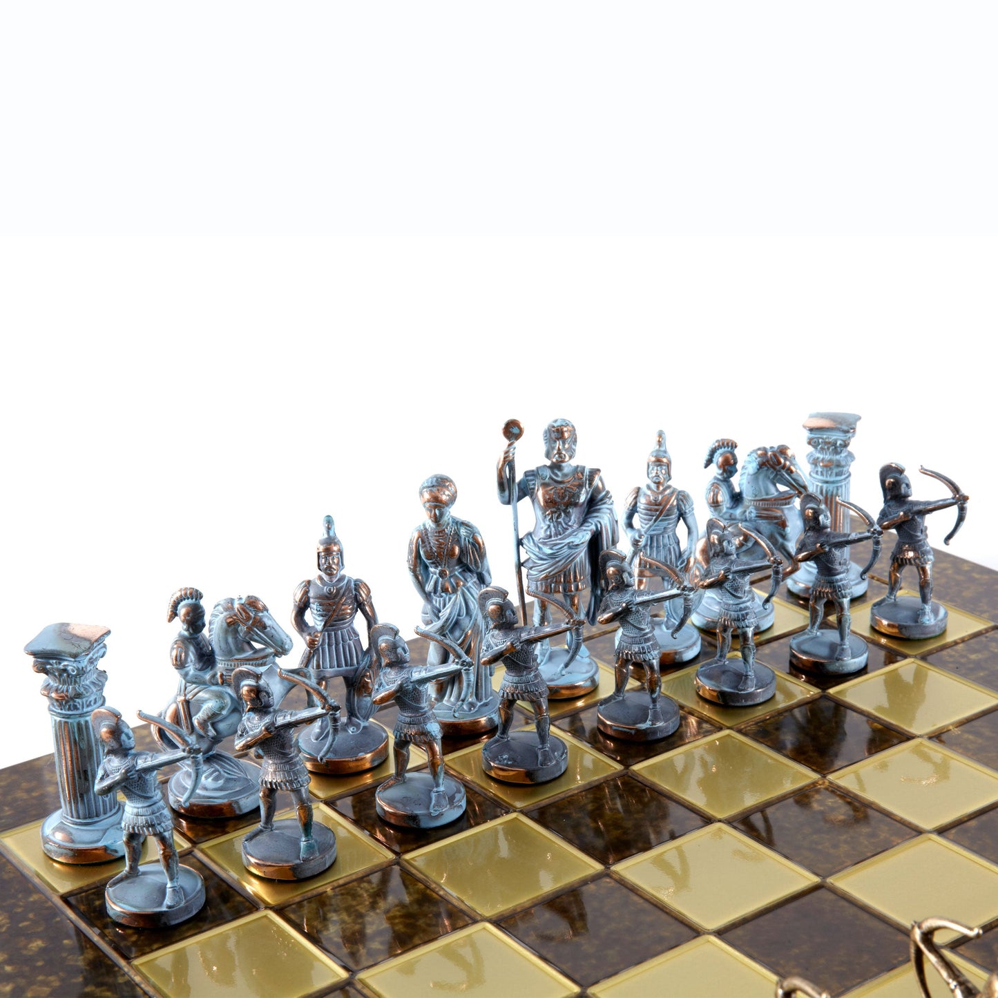 ARCHERS CHESS SET with blue/brown chessmen and bronze chessboard (Large) - Premium Chess from MANOPOULOS Chess & Backgammon - Just €275! Shop now at MANOPOULOS Chess & Backgammon