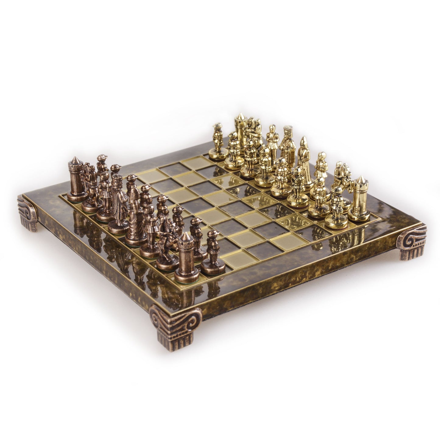 BYZANTINE EMPIRE CHESS SET with gold/brown chessmen and bronze chessboard 20 x 20cm (Extra Small) - Premium Chess from MANOPOULOS Chess & Backgammon - Just €85! Shop now at MANOPOULOS Chess & Backgammon