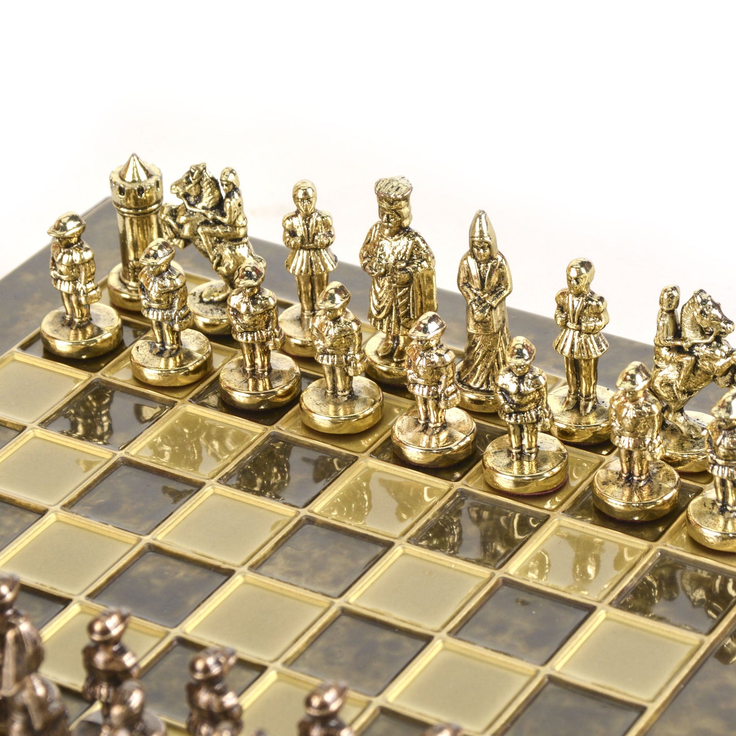 BYZANTINE EMPIRE CHESS SET with gold/brown chessmen and bronze chessboard 20 x 20cm (Extra Small) - Premium Chess from MANOPOULOS Chess & Backgammon - Just €85! Shop now at MANOPOULOS Chess & Backgammon