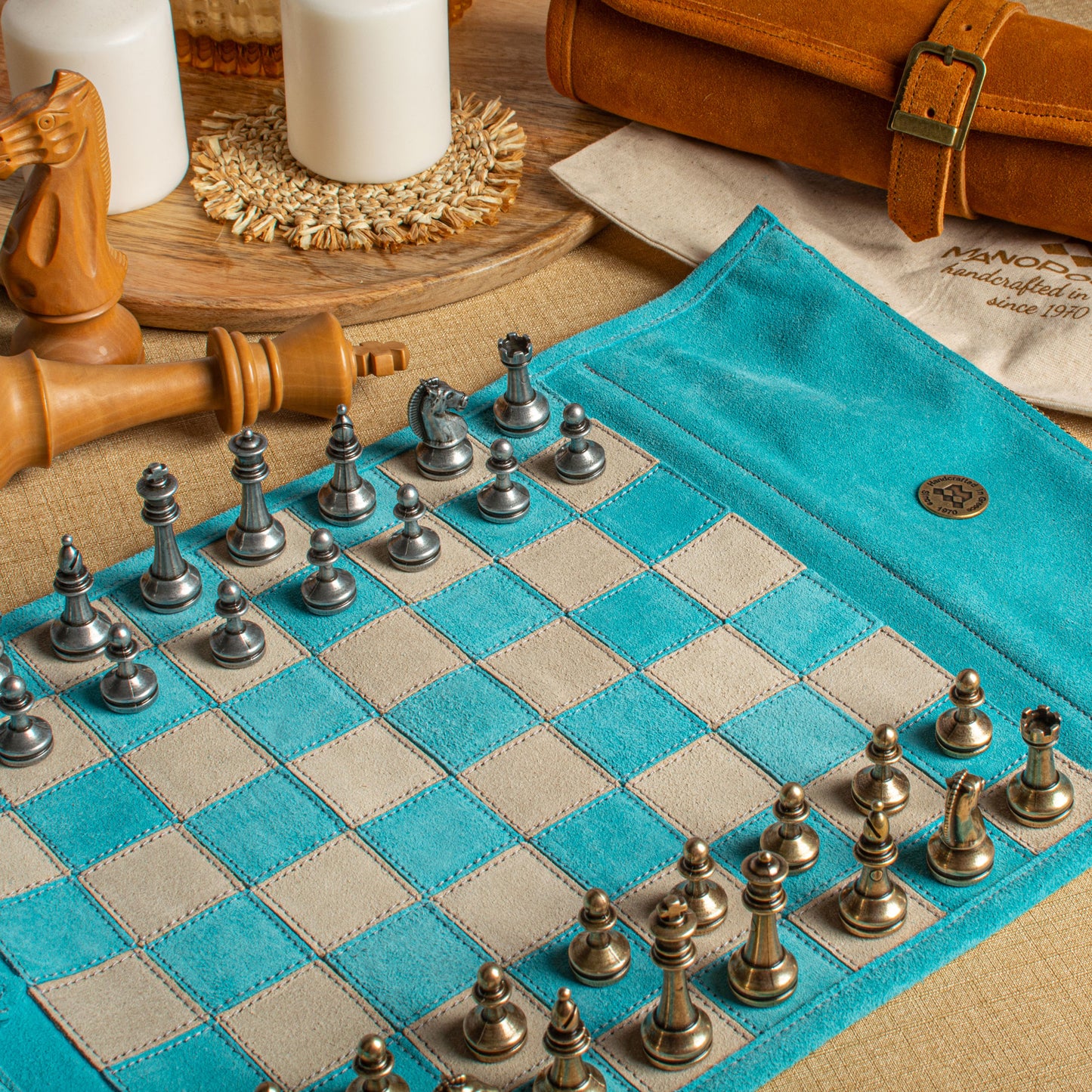 Premium Handcrafted Turquoise Suede Roll-Up Chess Set with Metal Chessmen