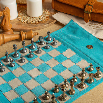 Premium Handcrafted Turquoise Suede Roll-Up Chess Set with Metal Chessmen