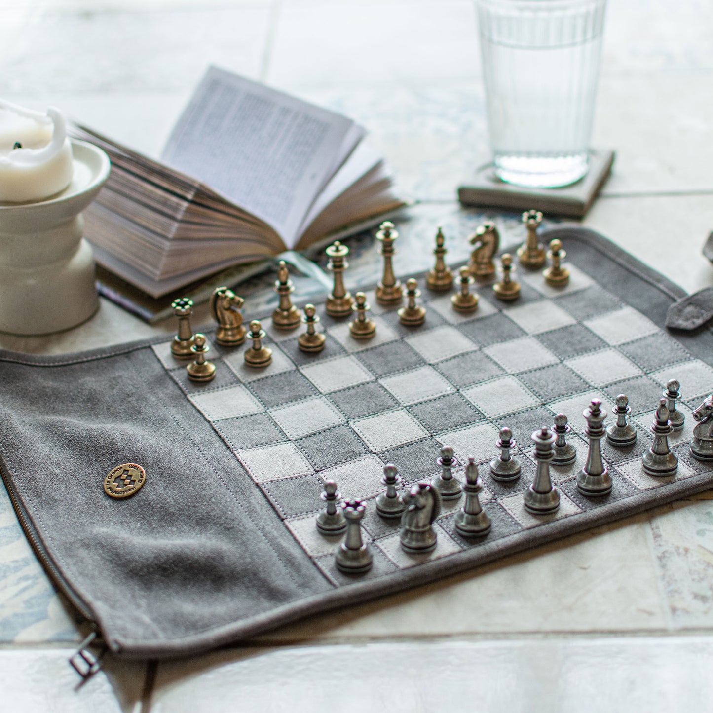 Premium Handcrafted Concrete Grey Suede Roll-Up Chess Set with Metal Chessmen