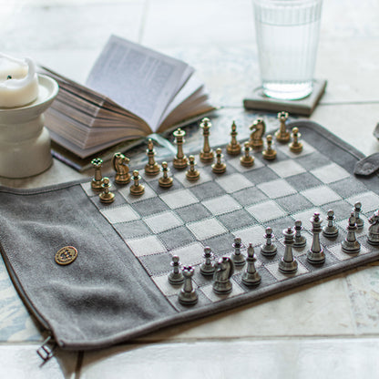Premium Handcrafted Concrete Grey Suede Roll-Up Chess Set with Metal Chessmen