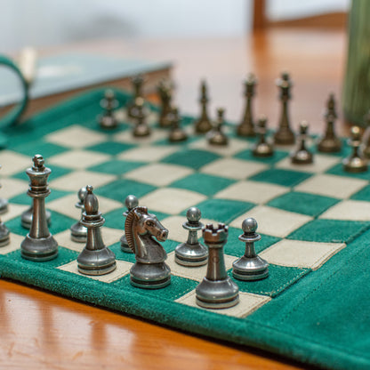 Premium Handcrafted Forest Green Suede Roll-Up Chess Set with Metal Chessmen