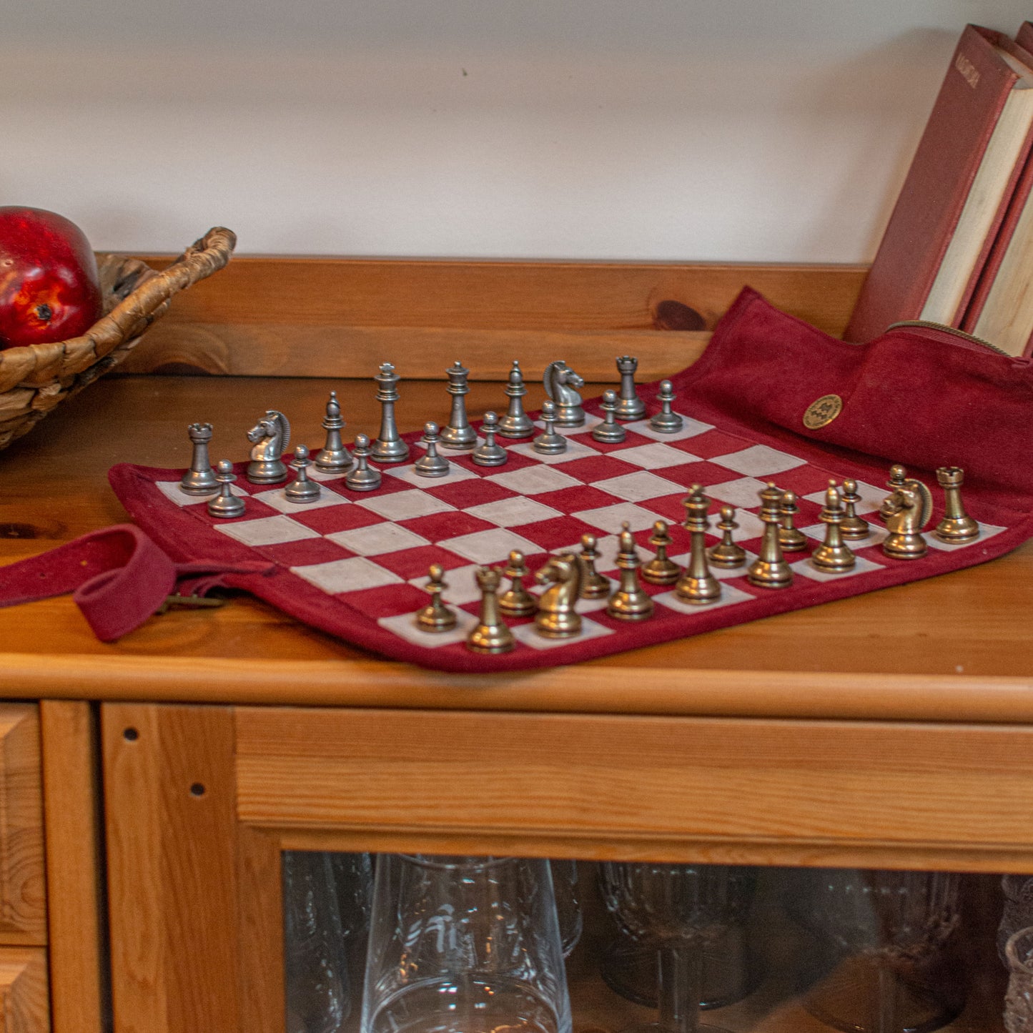 Premium Handcrafted Burgundy Red Suede Roll-Up Chess Set with Metal Chessmen