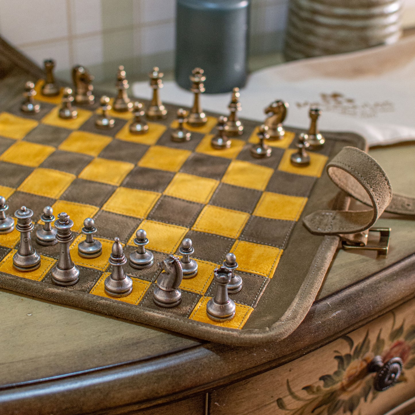 Premium Handcrafted Khaki Brown Suede Roll-Up Chess Set with Metal Chessmen